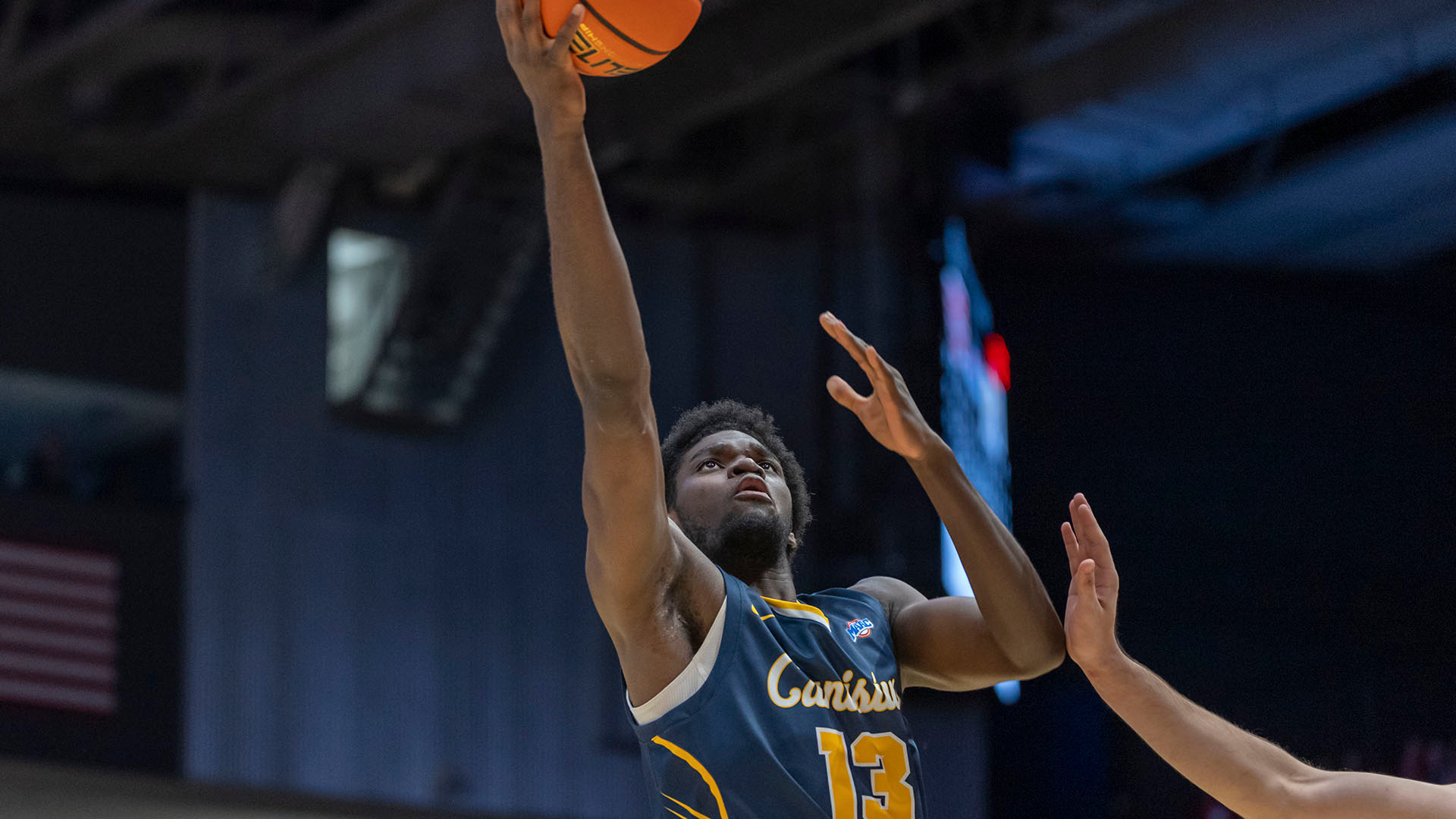 Bryan Ndjonga goes to the basket looking to score in a road game at Dayton on Nov. 3, 2025.