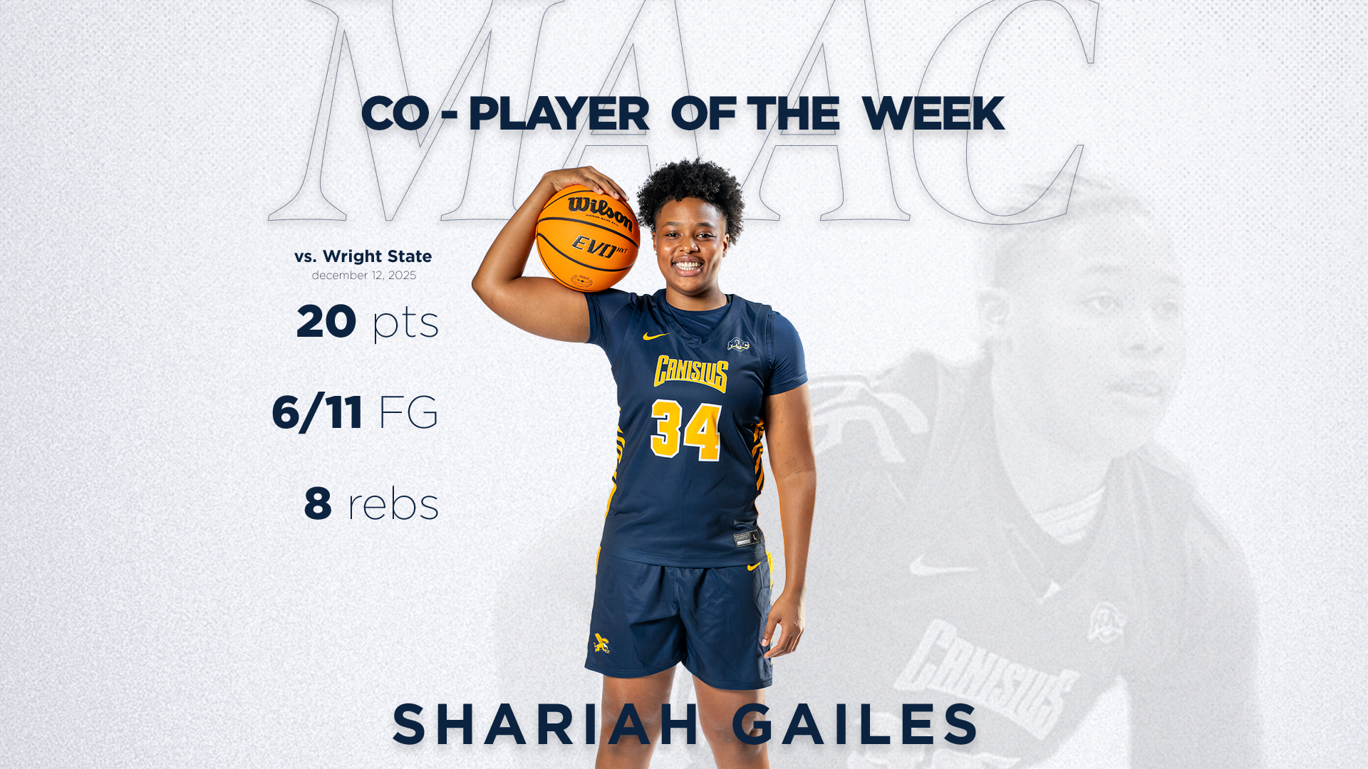 Shariah Gailes Player of the week graphic showcasing that she scored 20 points and grabbed eight rebounds