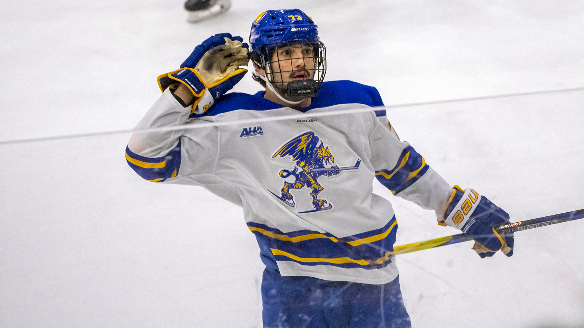 Canisius defenseman FJ Buteau celebrates after scoring a goal during game action versus RIT at LECOM Harborcenter on Dec. 6, 2025