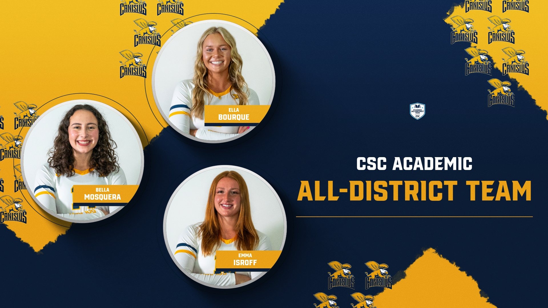 A graphic displaying Volleyball CSC Academic All District Selections with posed photos of Ella Bourque, Bella Mosquera, and Emma Isroff.