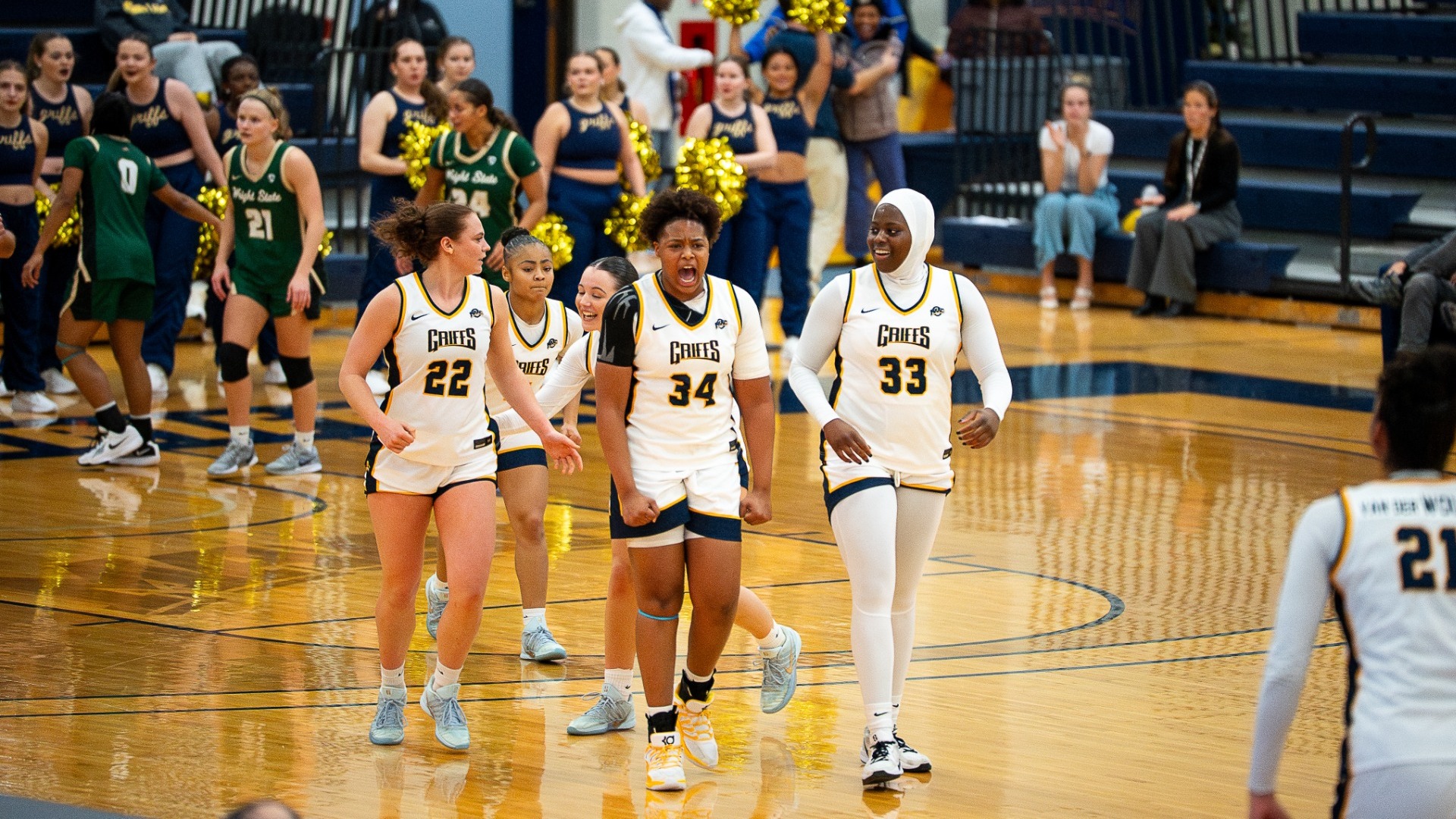 Shariah Gailes celebrates an and one basket against Wright State inside the Koessler Athletic Center in Buffalo, N.Y. on December 12th 2025
