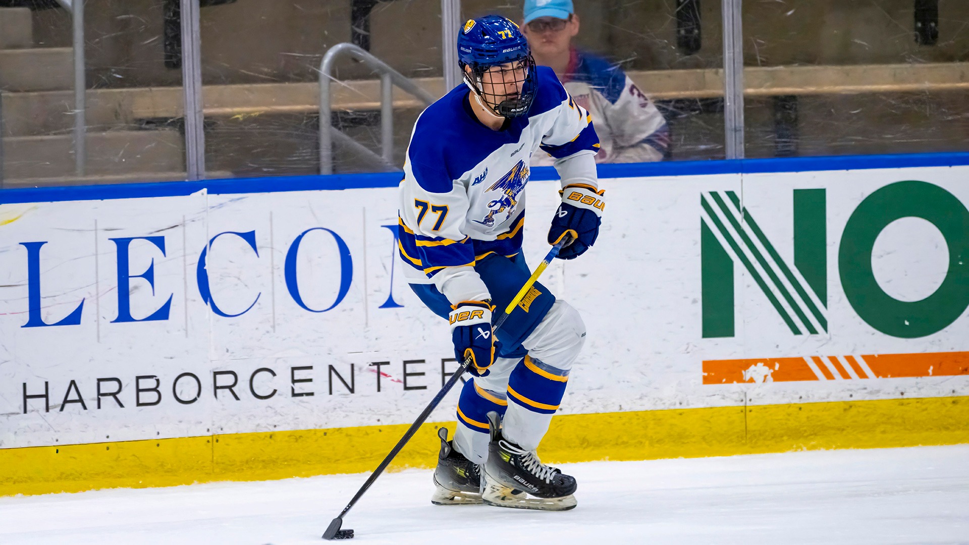 Canisius defenseman Jack Pascucci skates with the puck during game action versus St. Lawrence at LECOM Harborcenter on Oct. 5, 2025