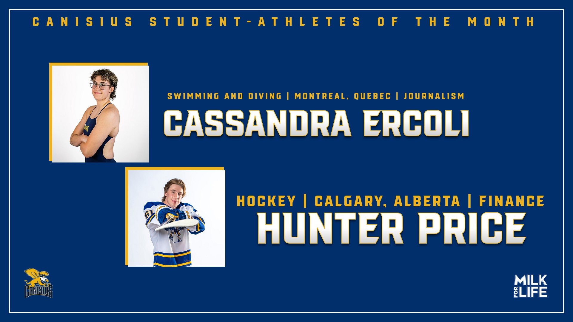 Graphic recognizing Canisius women's swimmer Cassandra Ercoli and Hunter Price as the Student-Athletes of the Month for November