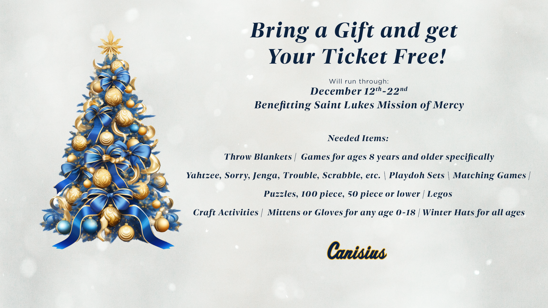 A graphic showing an Angel Tree Promotion from the women's basketball team asking for a variety of items including throw blankets, winter hats, and puzzles