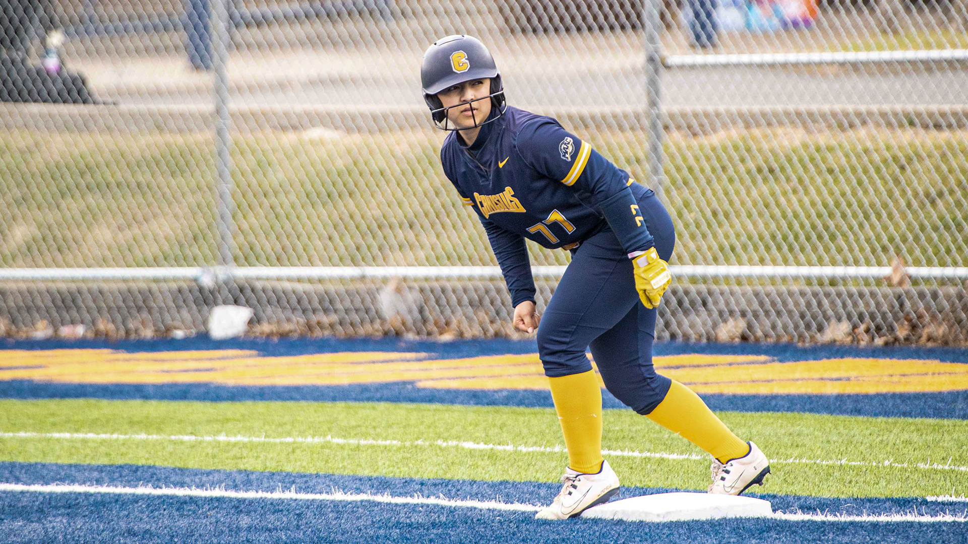 Canisius infielder Bailey Alatorre is shown standing on first base during game action versus St. Bonaventure at the Demske Sports Complex on March 20, 2025