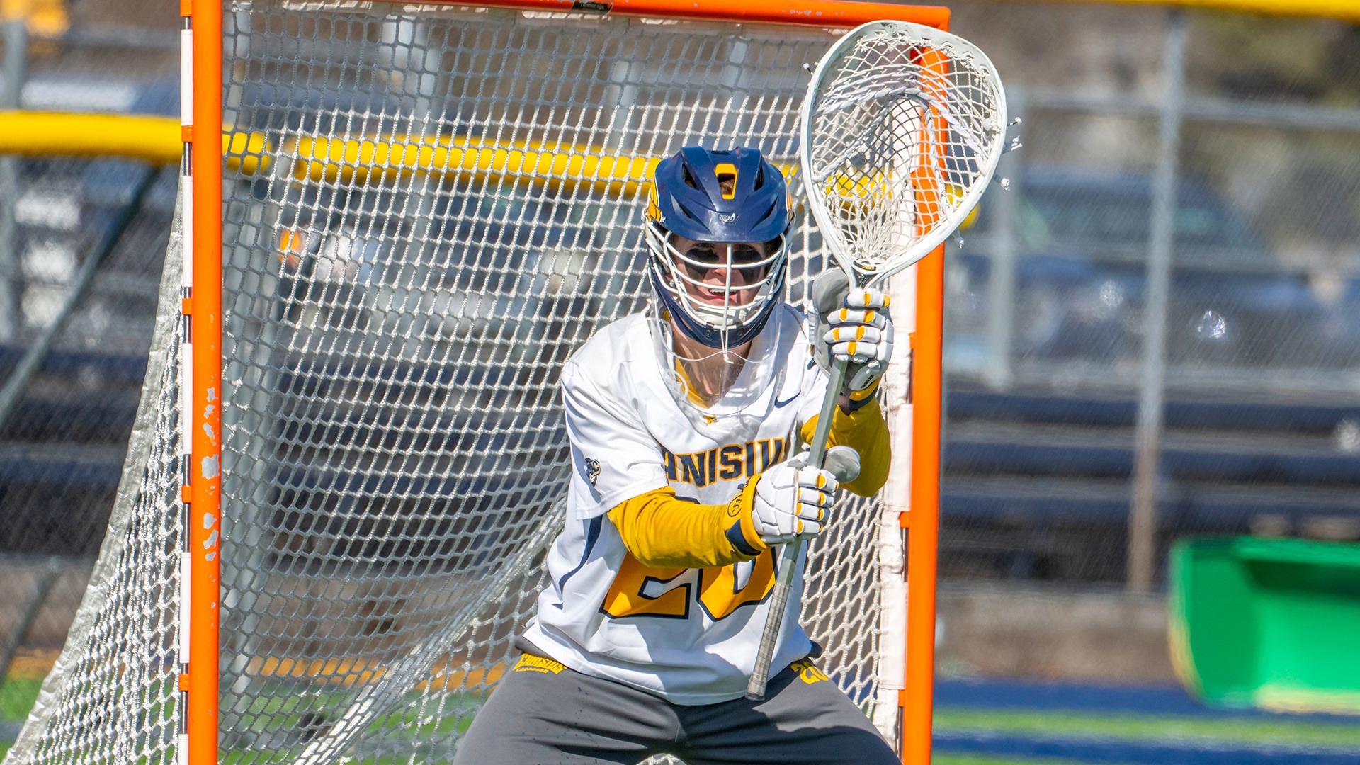 Canisius goalie Tommy Kunz is shown getting ready to face a shot in game action versus Sacred Heart at the Demske Sports Complex on March 8, 2025