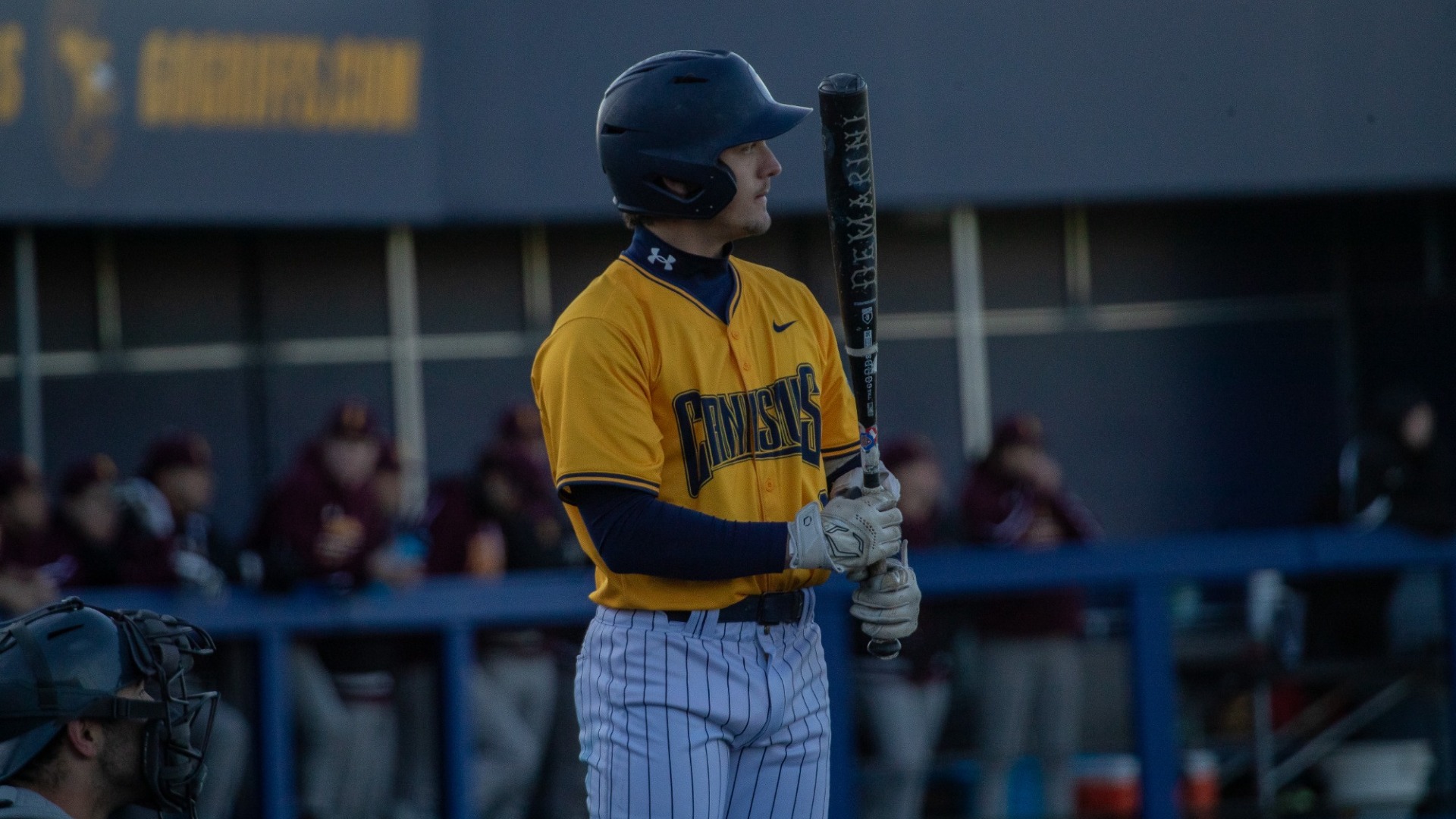 Brayden Hy at bat against Iona on April 17 at the Demske Sport Complex