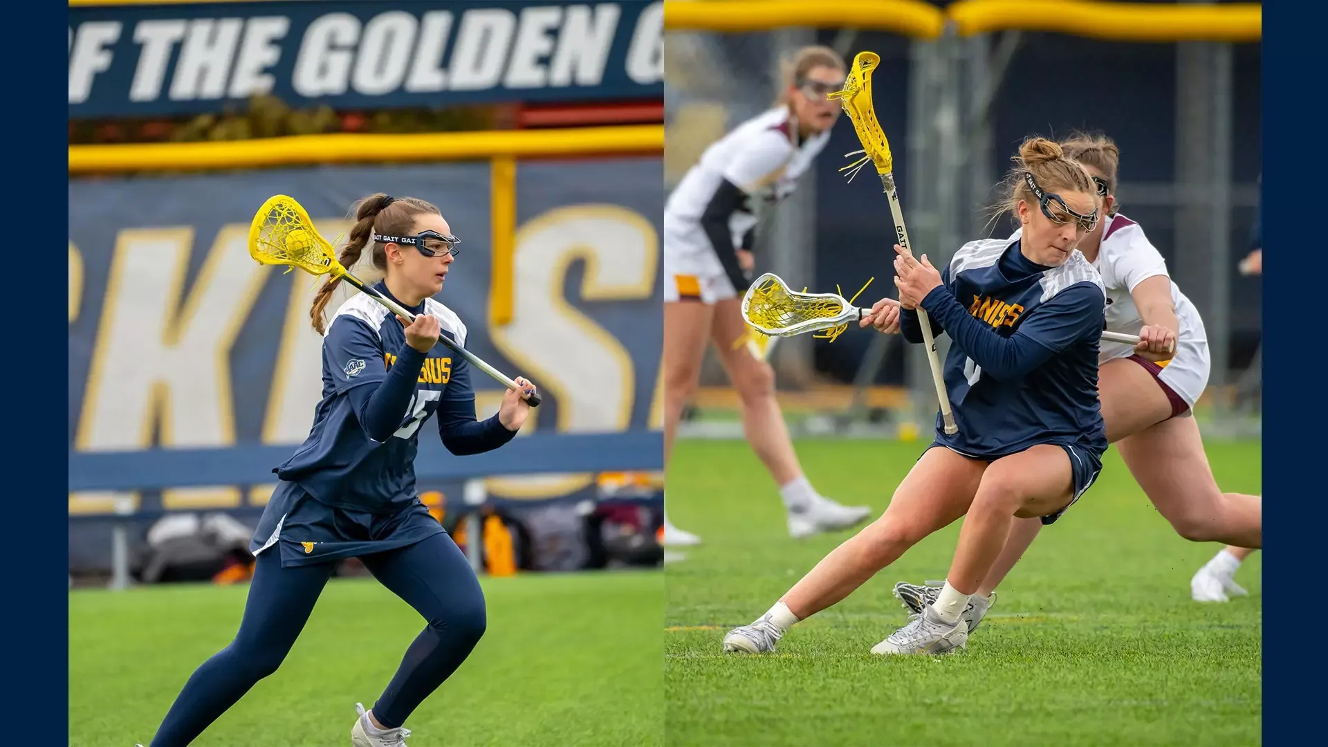 Split shot of sophomore Maddie Fitzgerald and Katie Adams. Fitzgerald is pictured dekeing out a defender in a cold Wednesday afternoon game on March 12th 2025 against Central Michigan at the Demske Sports Complex in Buffalo, N.Y. Adams is pictured on the right as she gets set to pass a ball during a crucial possession within the offensive zone in a game against Central Michigan on March 12th 2025 at the Demske Sports Complex in Buffalo, N.Y.