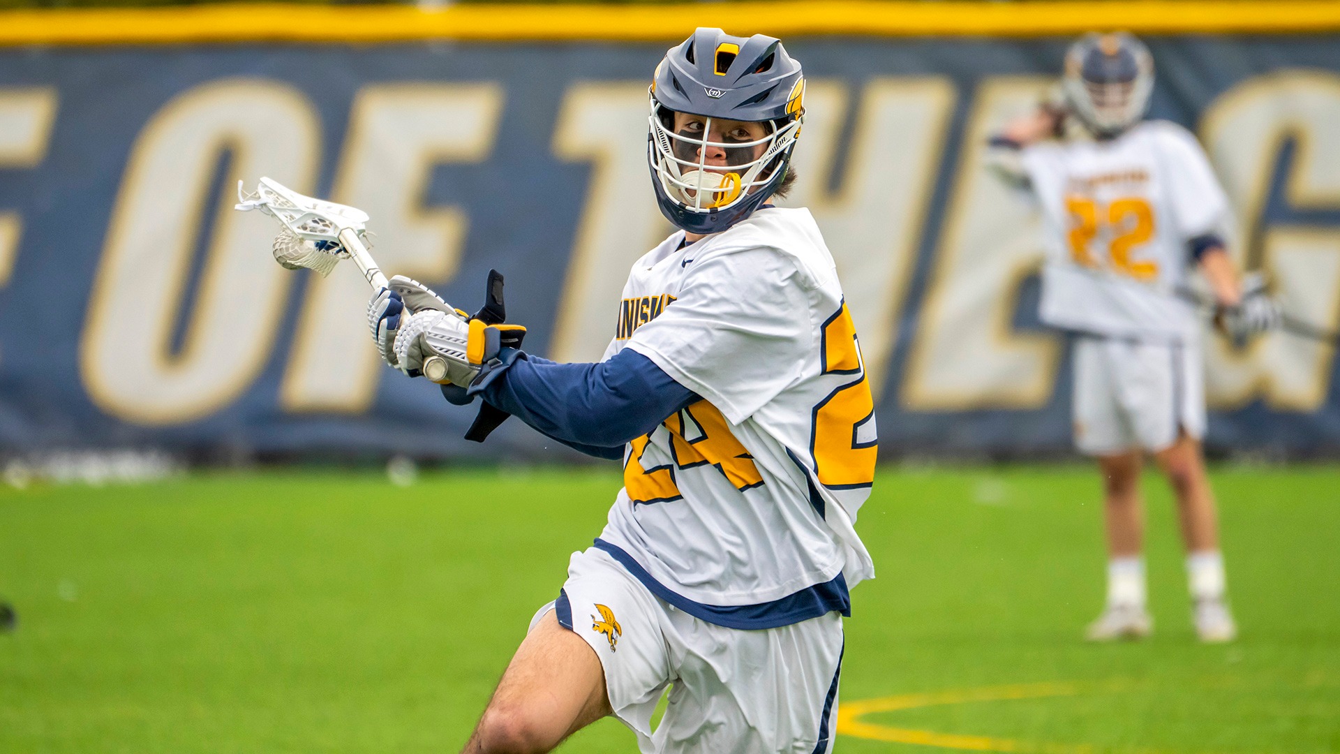 Canisius midfielder Jordan Reed is shown shooting the ball during game action versus Manhattan at the Demske Sports Complex on March 29, 2025