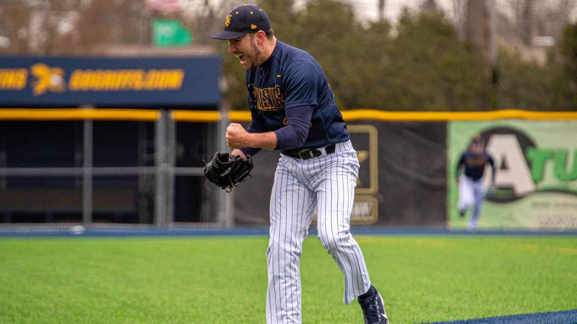 Felix Morin celebrates a strikeout against the Mount