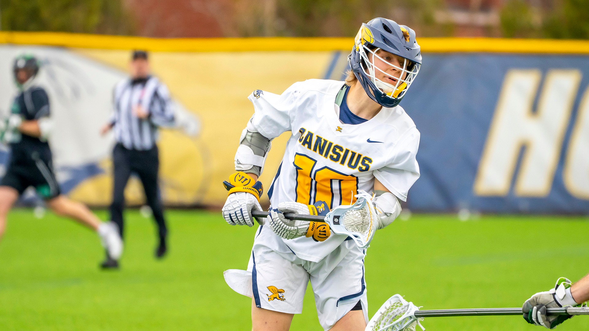 Canisius midfielder Mason Wolford is shown shooting the ball during game action versus Manhattan at the Demske Sports Complex on March 29, 2025