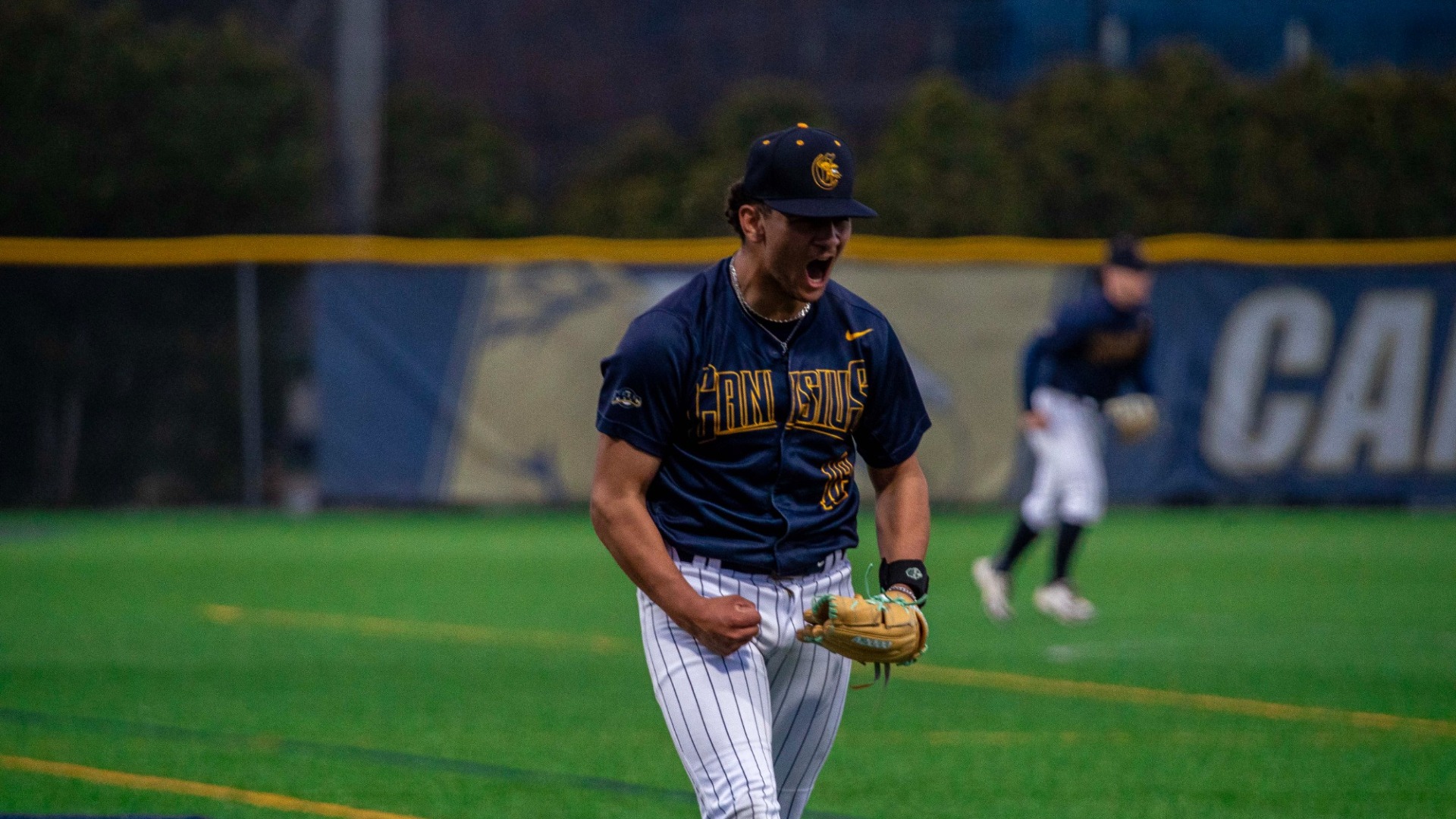 Joe LoPinto yells after a strikeout against Iona