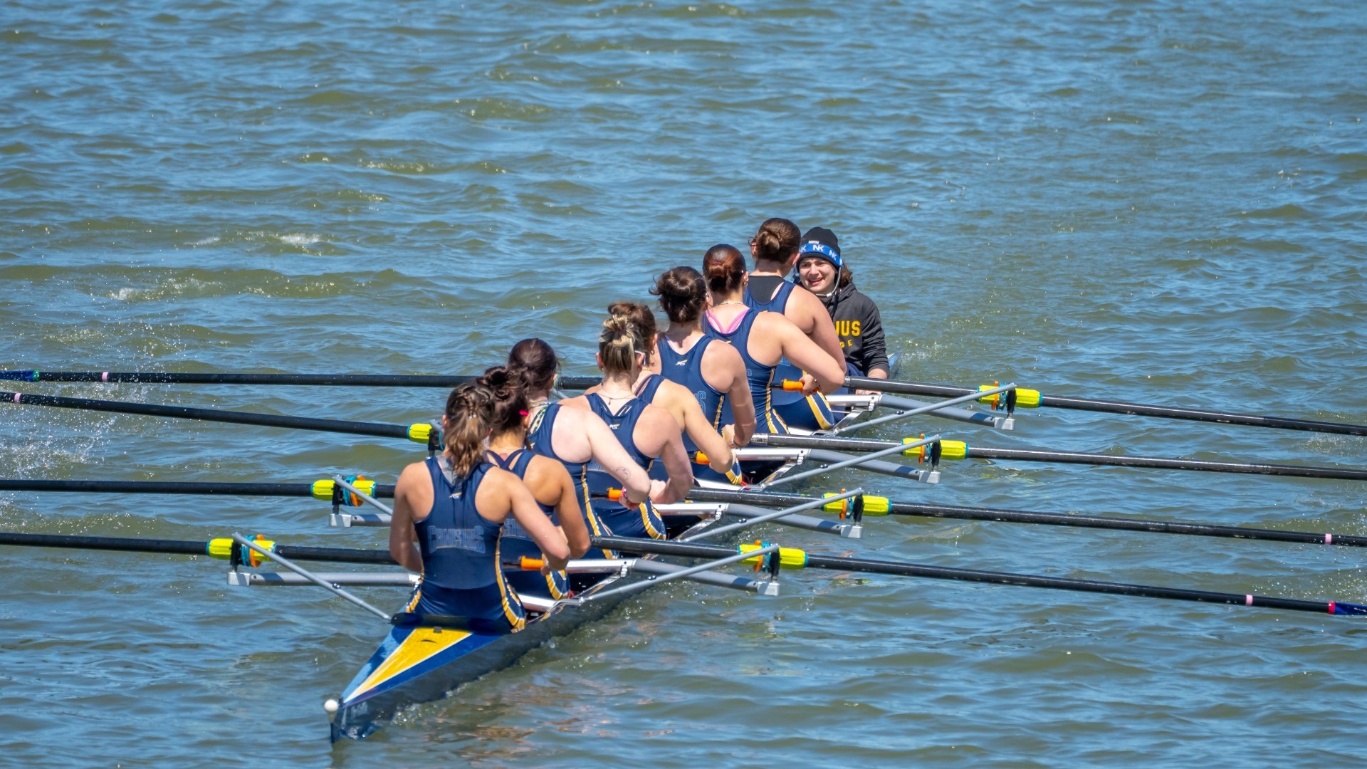 The Varsity 8 boat rows down the Niagara River for a first place finish in the Black Rock Cup against Robert Morris at the Wright's Fontana Boathouse in Buffalo, N.Y. on April, 27th 2025.