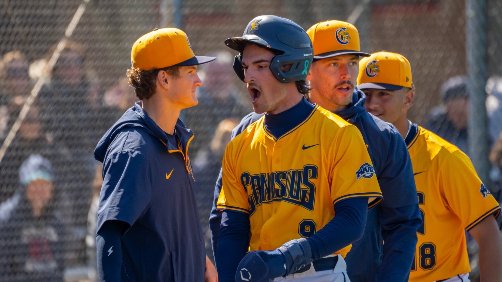 Owen Silliman celebrates scoring a run against Mount St. Mary's 