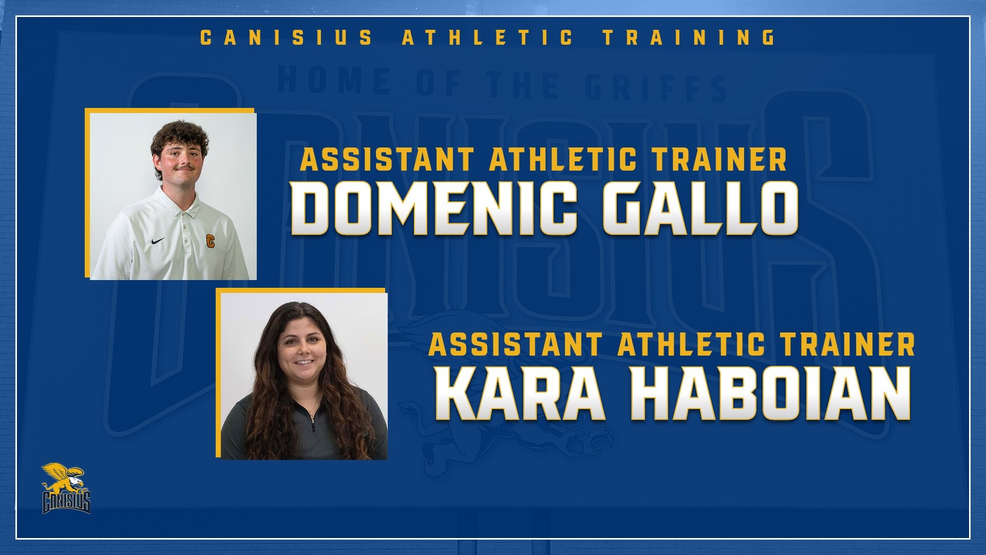 Graphic announcing the hiring of Domenic Gallo and Kara Haboian as assistant athletic trainers
