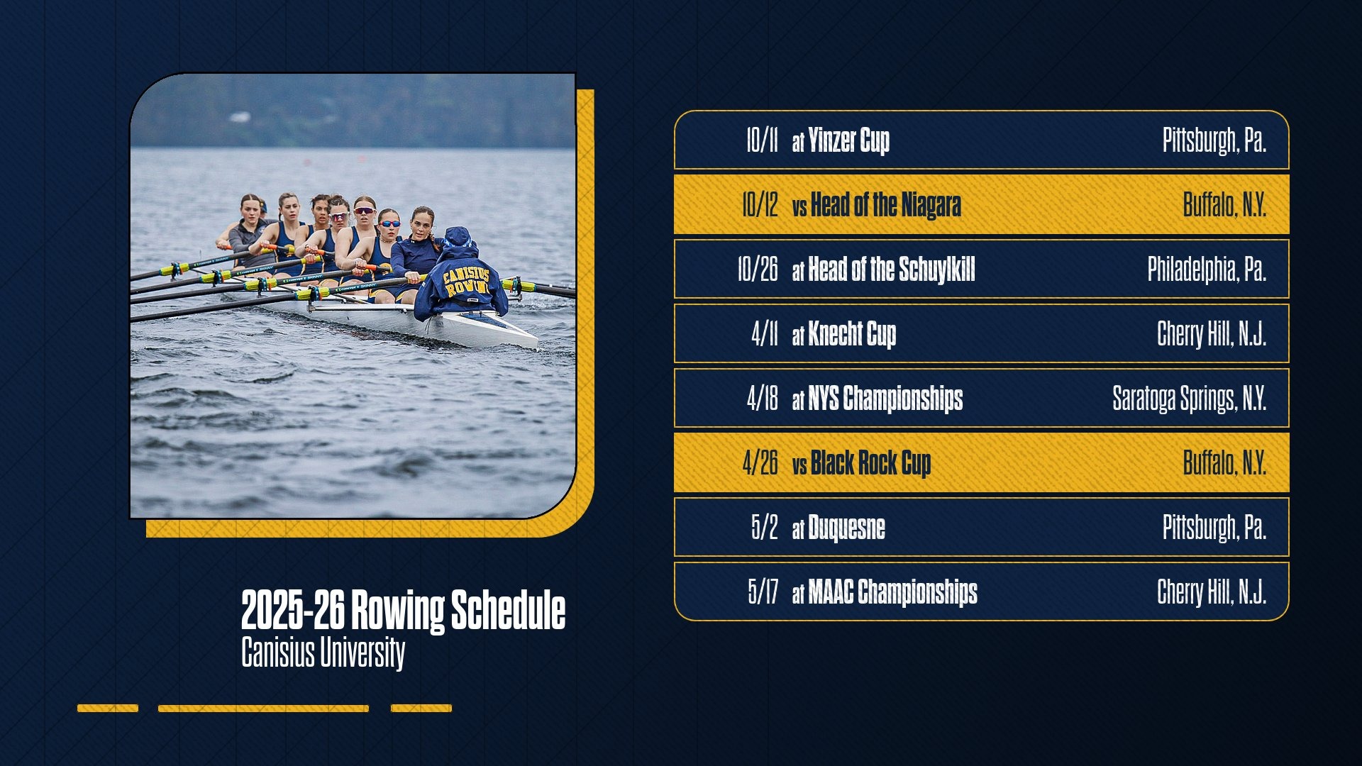 A graphic of the 2025-26 Rowing Schedule including eight races across October, April and May.