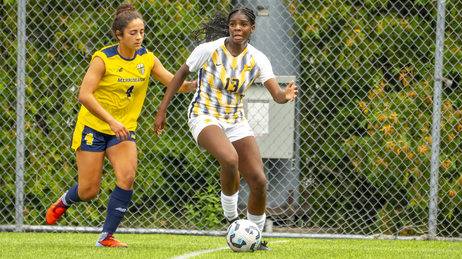 Canisius forward Azaria Fagan is shown dribbling the ball during game action against Merrimack at the Demske Sports Complex on Sept. 13, 2025