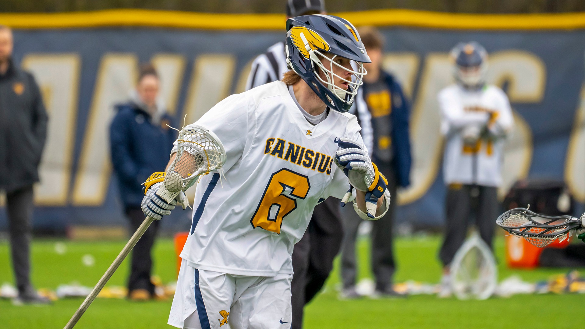Canisius midfielder Jaxon Fridge in shown cradling the ball during game action against Manhattan at the Demske Sports Complex on March 29, 2025