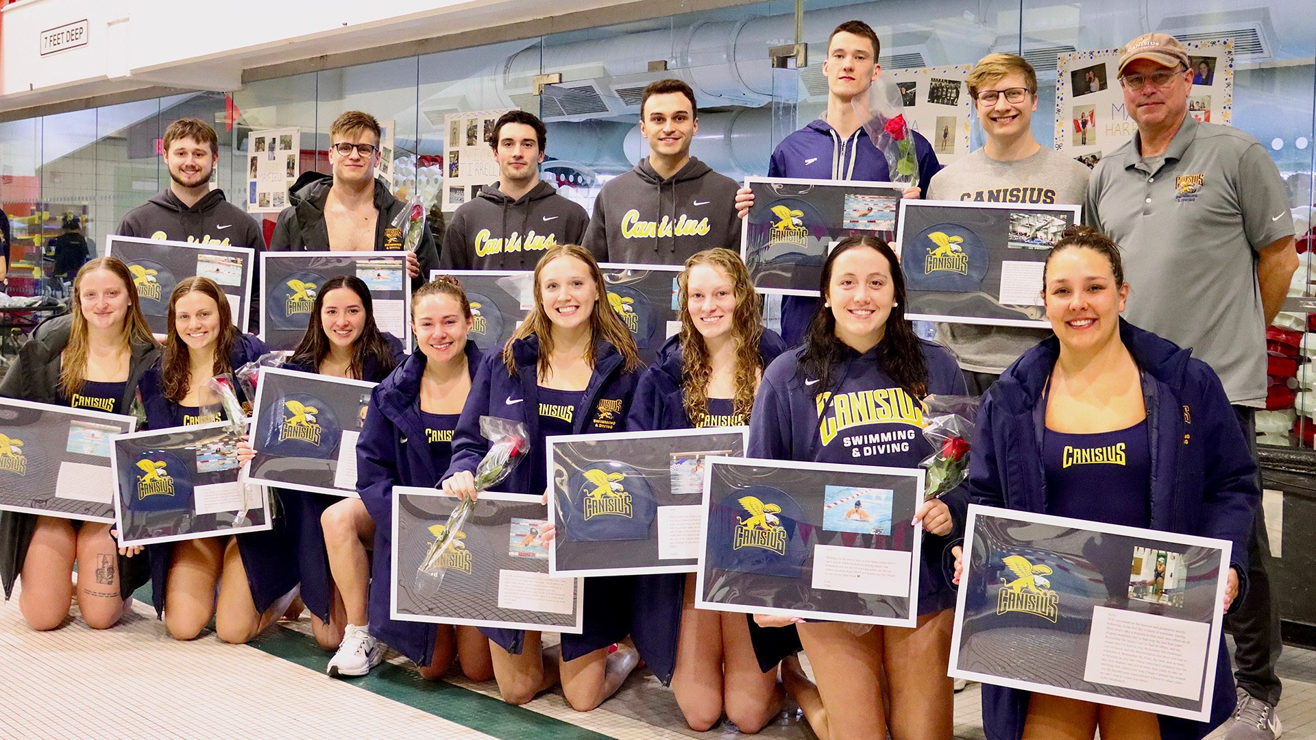 The senior members of the Canisius swimming and diving program pose for a group photo after senior day ceremonies at the Burt Flickinger Center