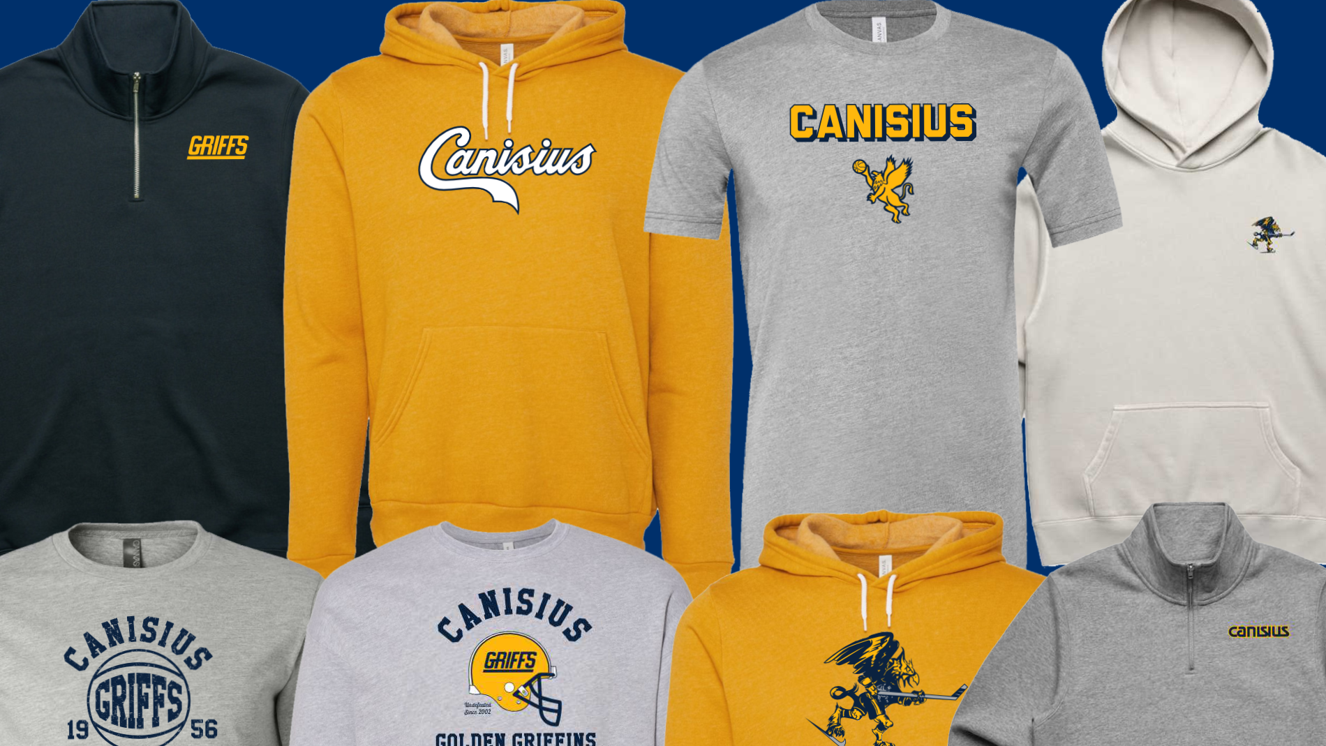Graphic featuring various Canisius retro apparel available for purchase