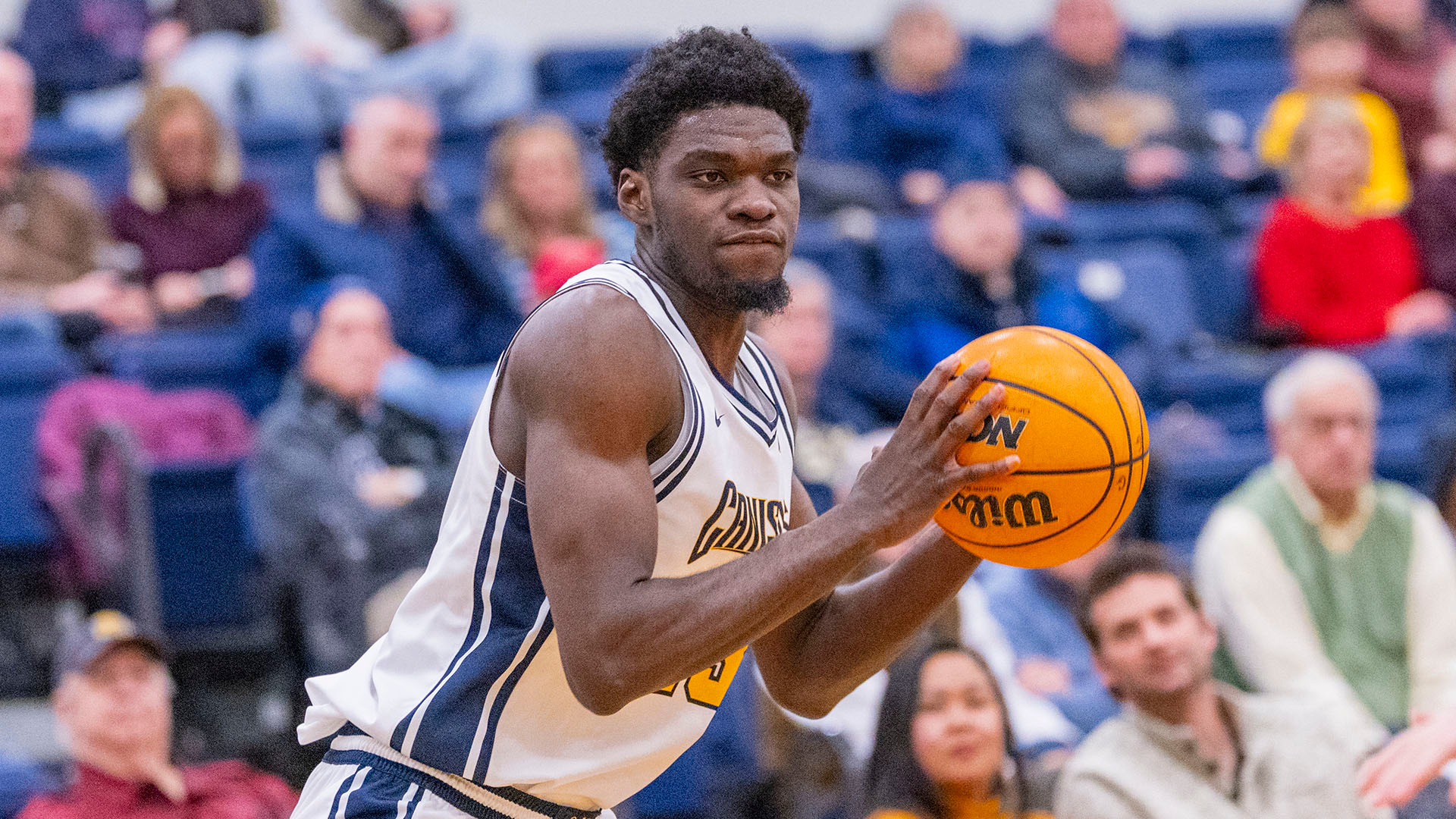 Bryan Ndjonga drives to the basket in a home game against Fairfield on Jan. 2, 2026.