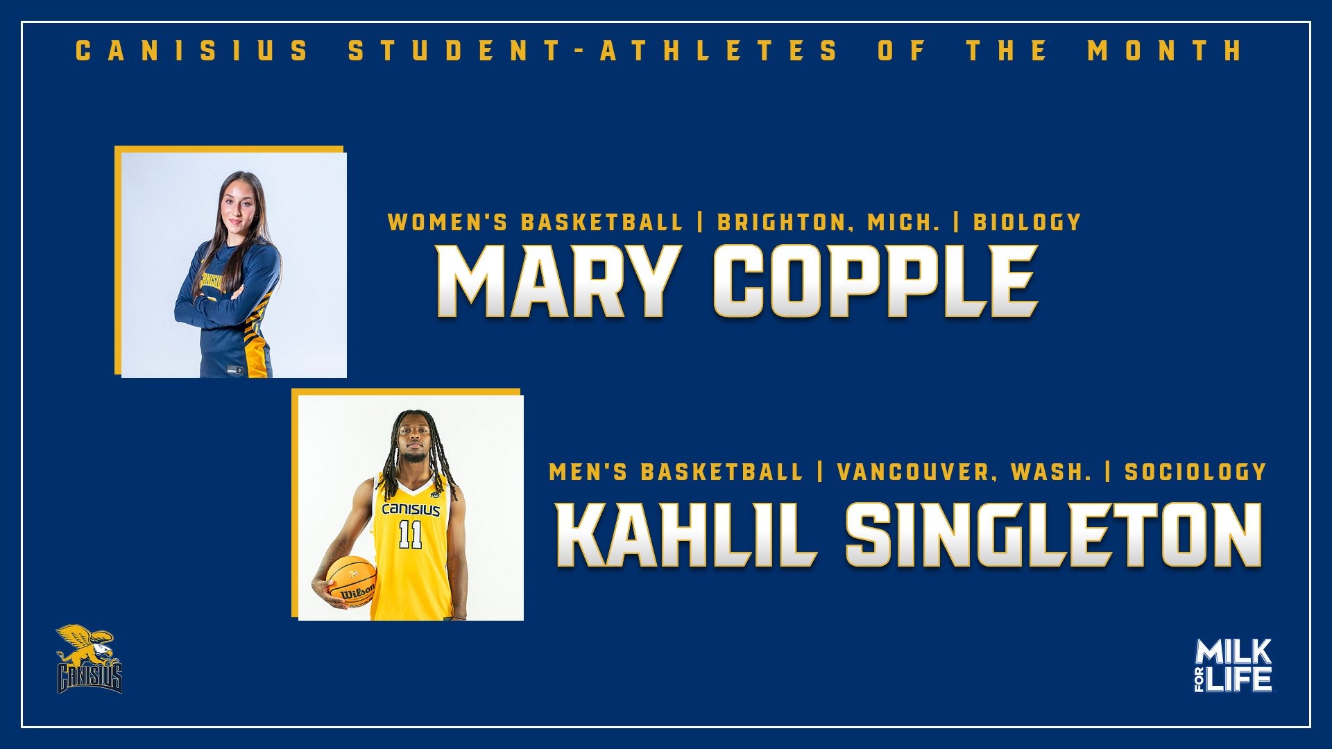 Graphic featuring Mary Copple and Kahlil Singleton being recognized as the Canisius Student-AThletes of the Month for December