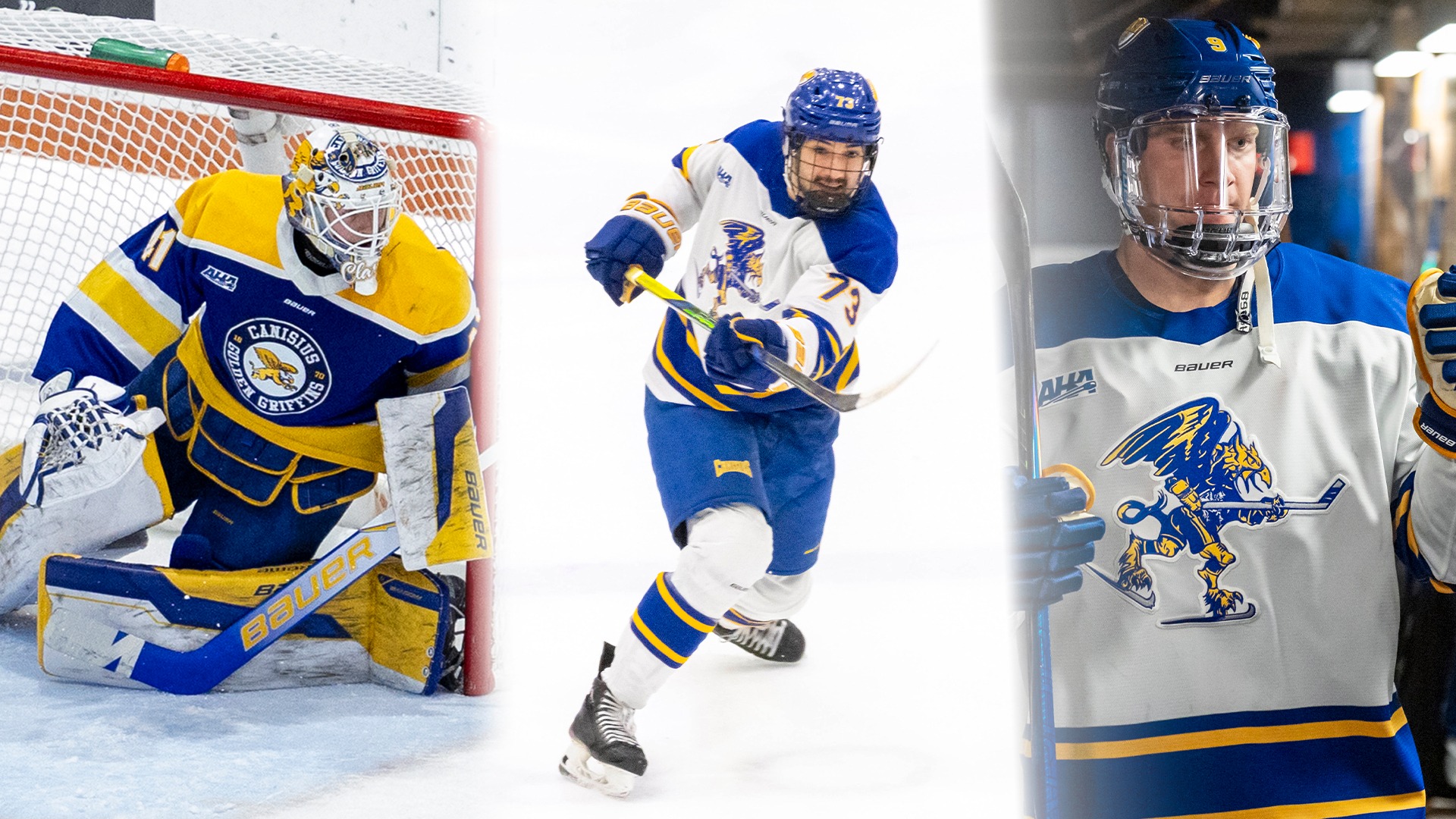 Canisius hockey players Chase Clark (left), FJ Buteau (Middle) and Walter Zacher (right) are shown in game action in this graphic announcing them as Atlantic Hockey America Weekly Award Winners