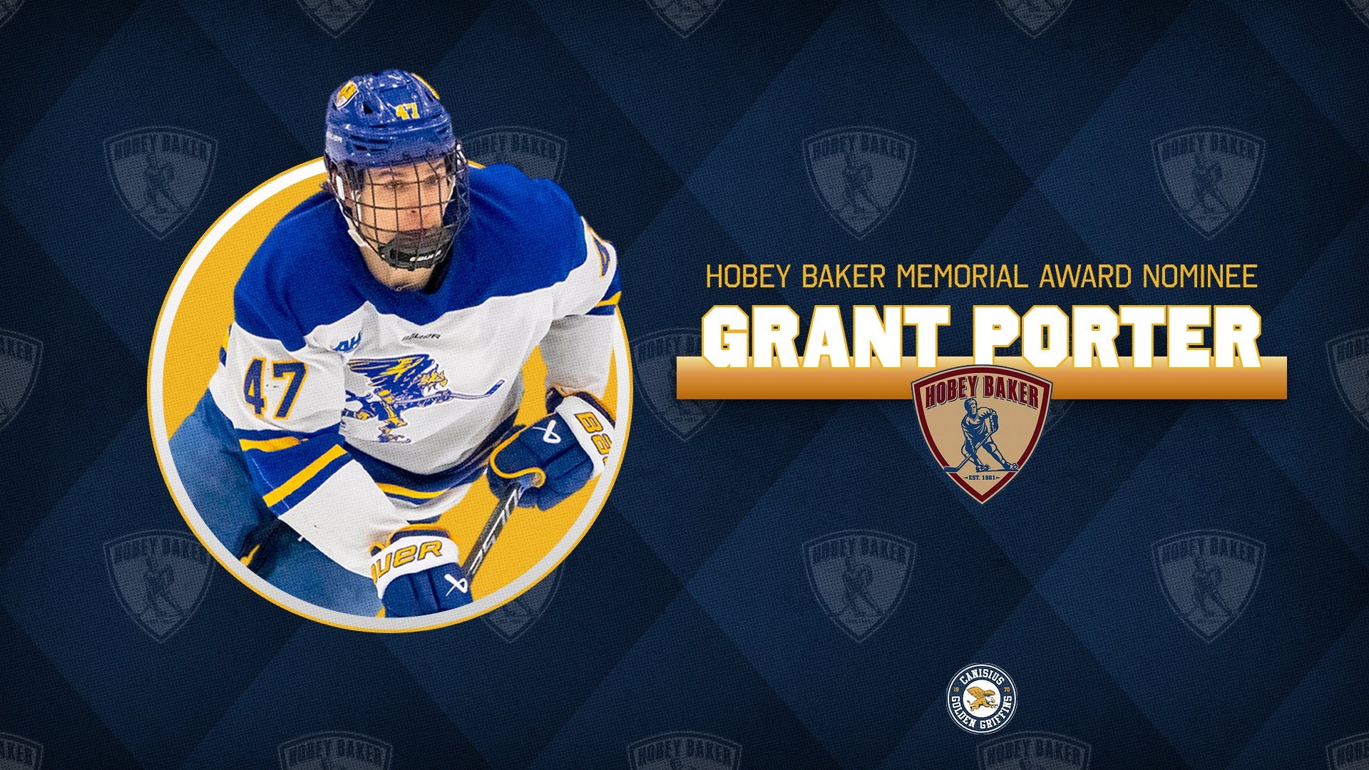 Graphic announcing Canisius hockey forward Grant Porter as a nominee for the 2026 Hobey Baker Memorial Award
