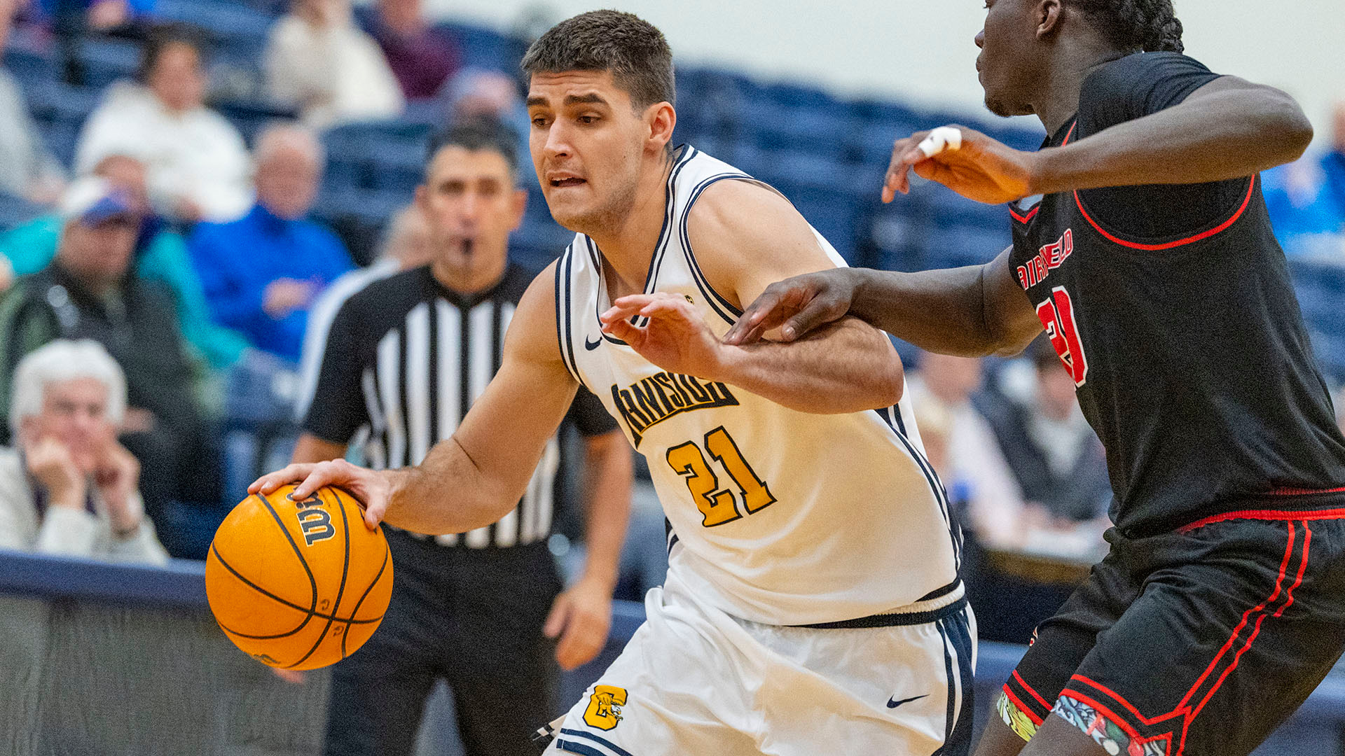 Max Jusianiec drives to the basket in a home game against Fairfield on Jan. 2, 2026.