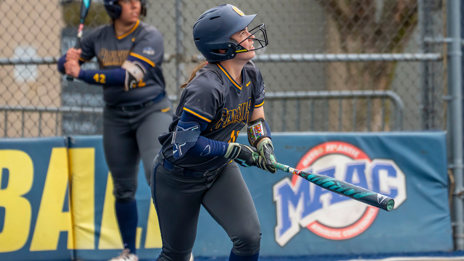 Ella Johel watches a fly ball in a home game against Rider on April 5, 2025.