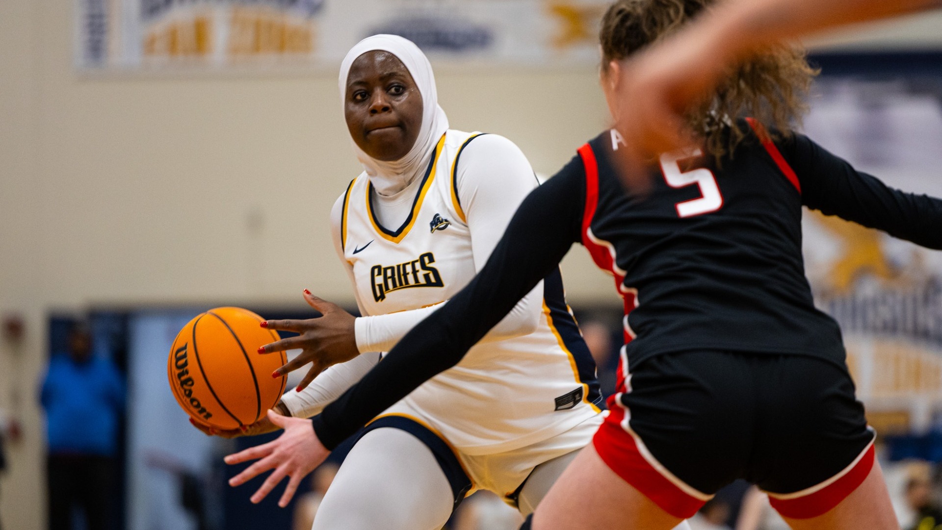 Yasmine Djibril looks to pass the ball against Fairfield at the Koessler Athletic Center in Buffalo, N.Y. on Jan. 24th 2026