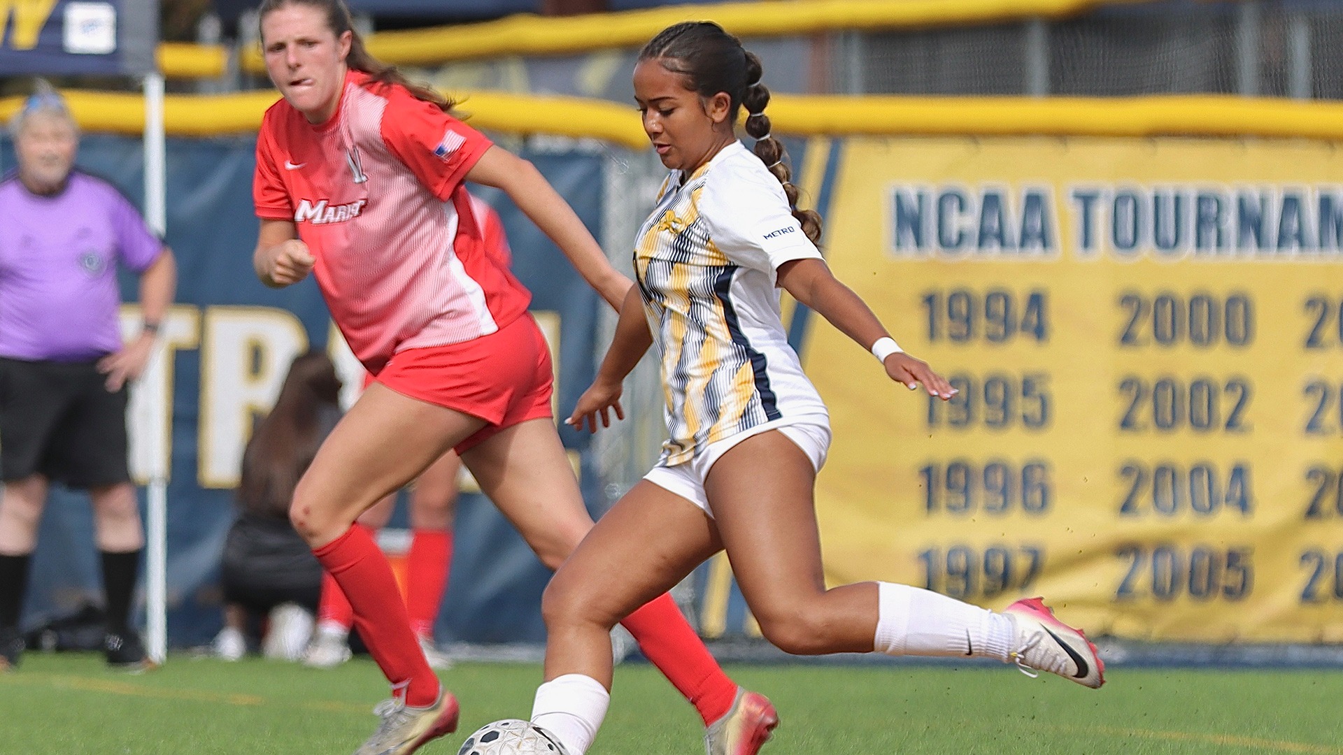 Canisius midfielder Jazmin Herrera is shown kicking the ball during game action against Marist at the Demske Sports Complex on Oct. 10, 2026