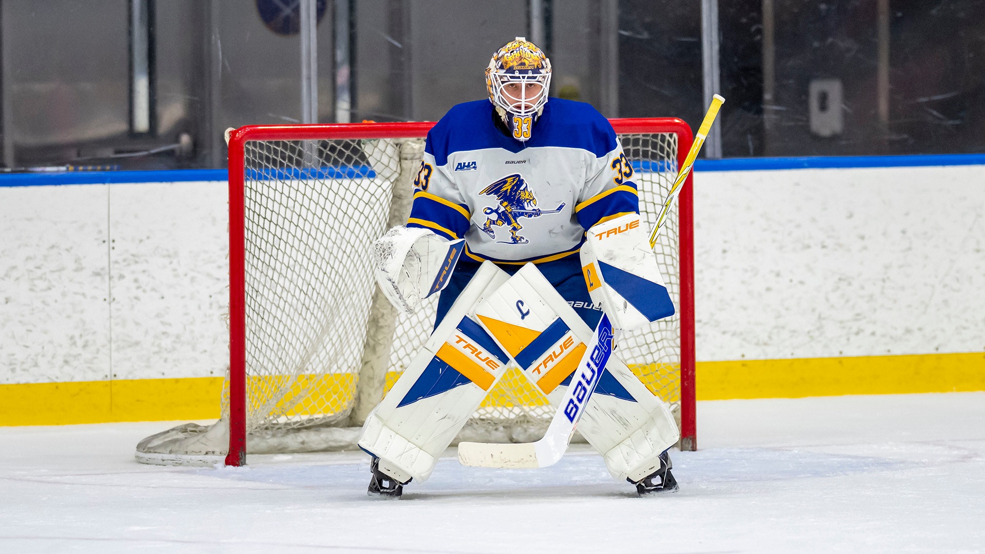 Canisius goaltender Jack Lisson tracks the puck during game action versus Ferris State at LECOM Harborcenter on Oct. 2, 2026