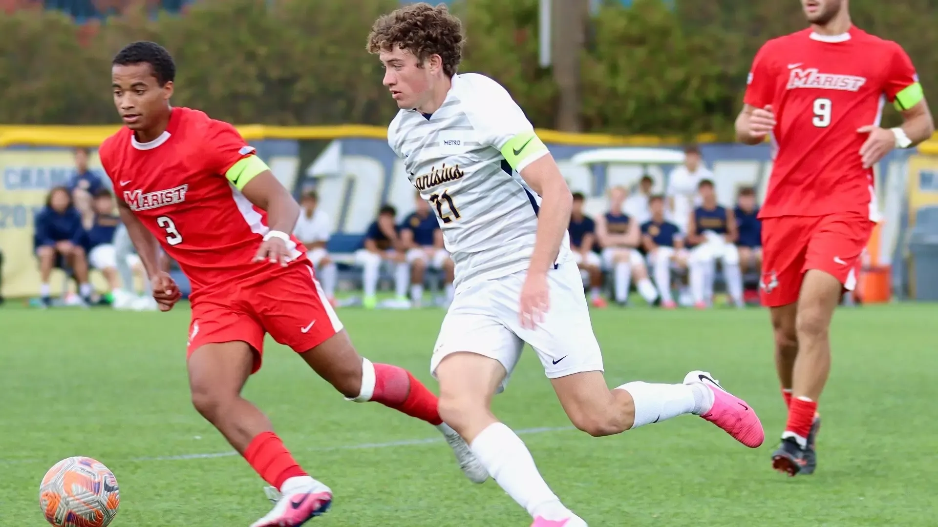Gianni Angaran battles for the ball in game action vs. Marist - Oct. 10, 2026
