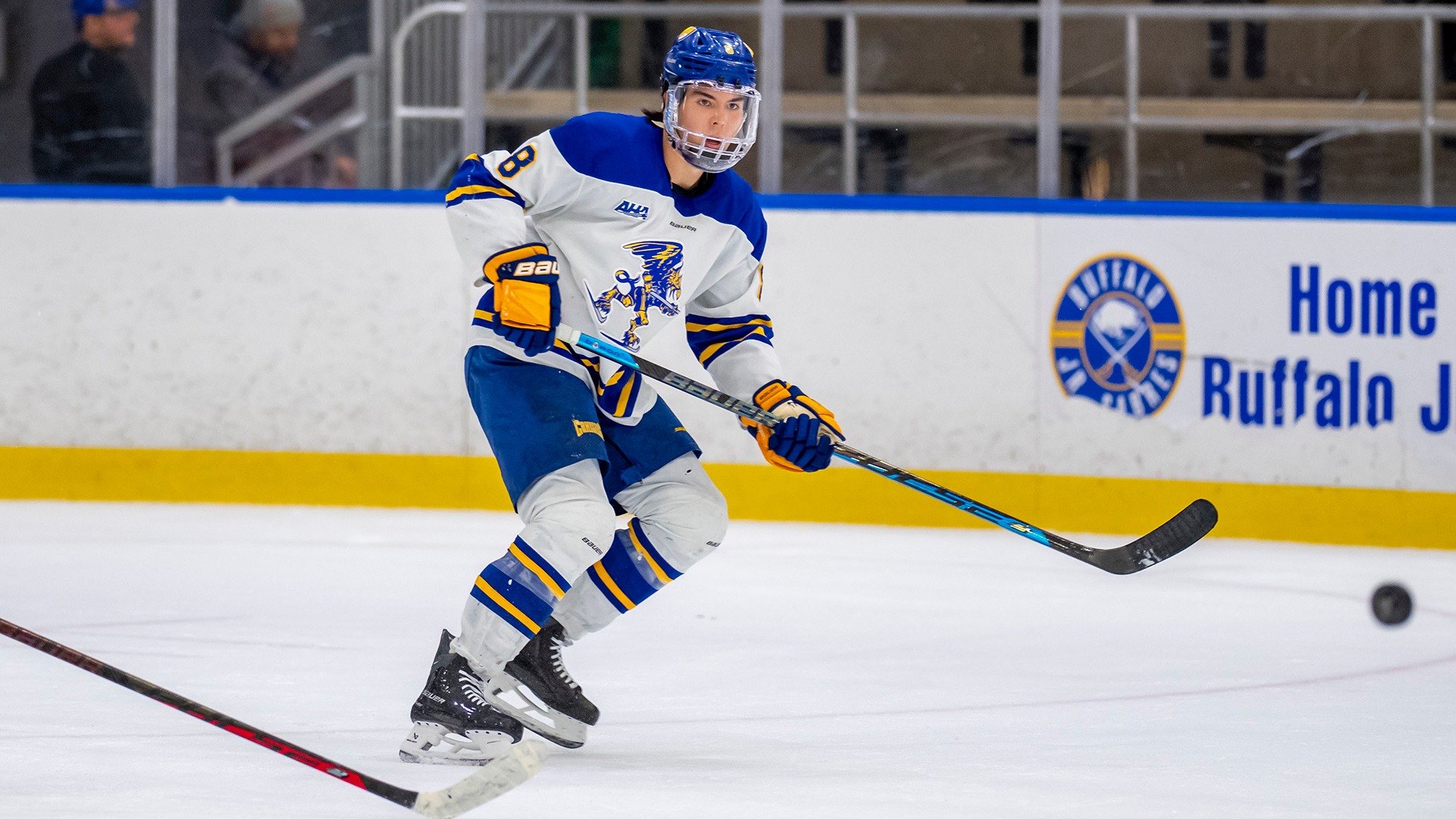 Canisius forward Rhys Chiddenton watches the puck during game action versus Ferris State at LECOM Harborcenter on Oct. 2, 2026