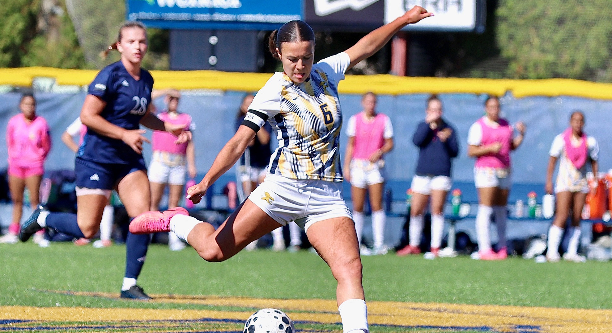 Canisius midfielder Jessica Whitaker strikes the ball during game action versus Quinnipiac at the Demske Sports Complex on Oct. 3, 2026