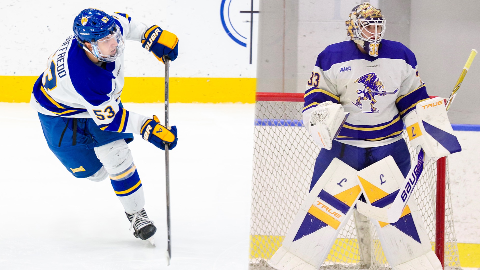 Canisius defenseman Jimmy Goffredo (left) and goaltender Jack Lisson (right) are shown in game action against Ferris State in this image