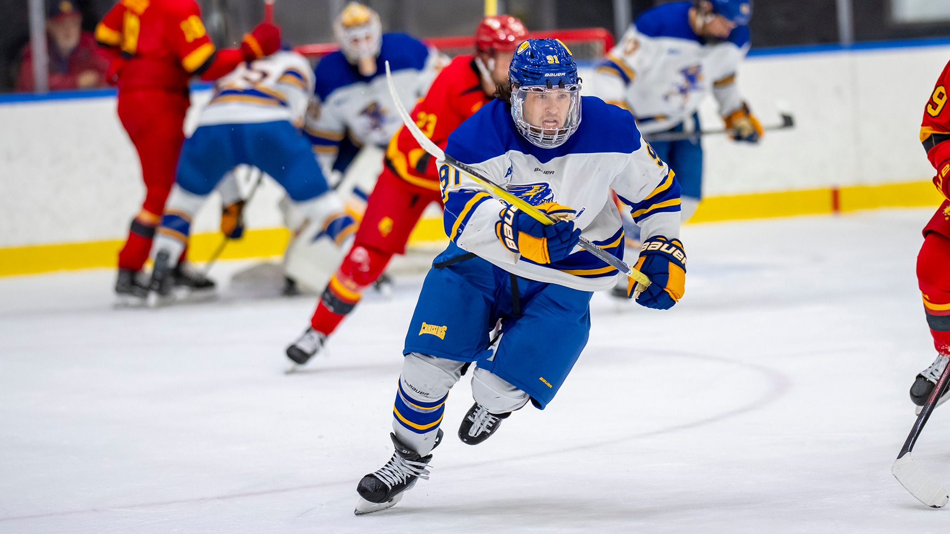 Canisius forward Ethan Wolthers is shown skating after the puck during game action versus Ferris State at LECOM Harborcenter on Oct. 2, 2026