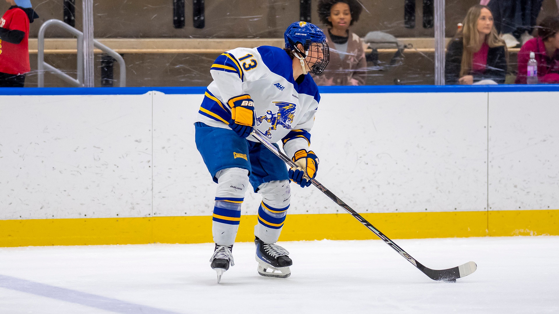 Canisius defenseman Jason Gallucci stickhandles the puck at the blue line during game action versus Ferris State at LECOM Harborcenter on Oct. 2, 2026