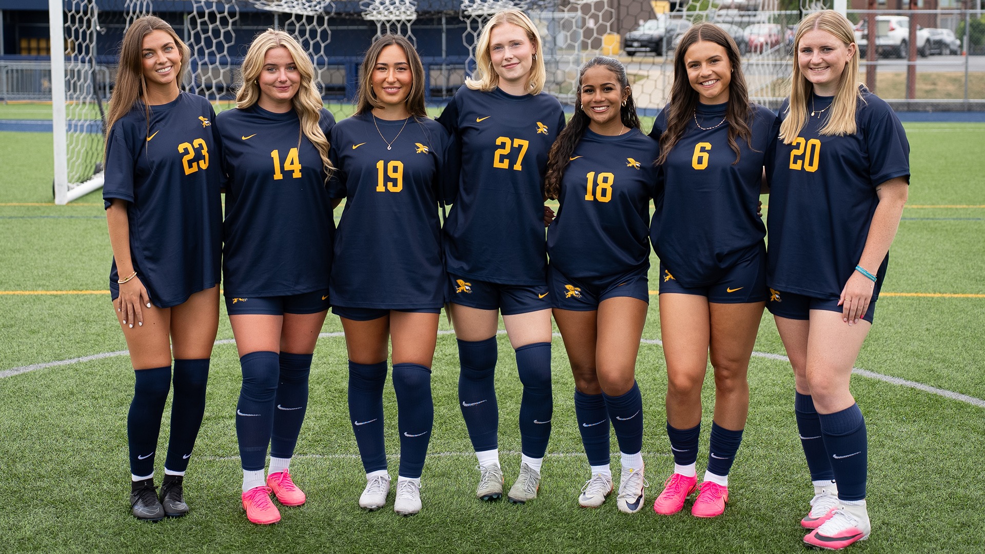Members of the Canisius women's soccer Class of 2026 are featured in this group photo on the field at the Demske Sports Complex