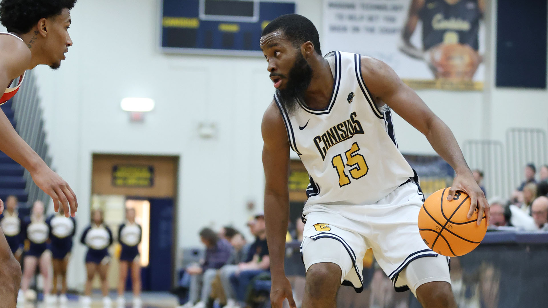 Mike Evbagharu looks to move the ball in a home game against Marist on Jan. 30, 2026.