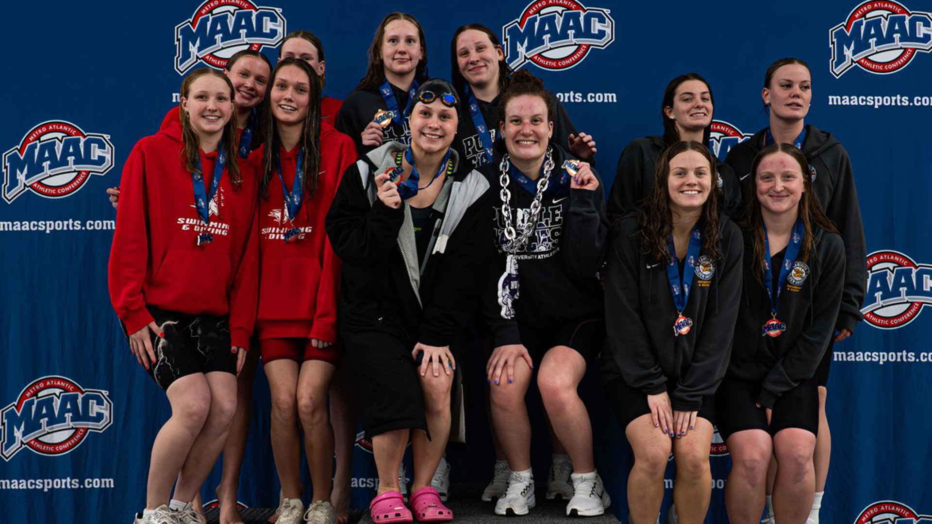 the Canisius women's 800 free relay team (far left) in shown after receiving their medals at the 2026 MAAC swimming and diving championships on Feb. 11, 2026