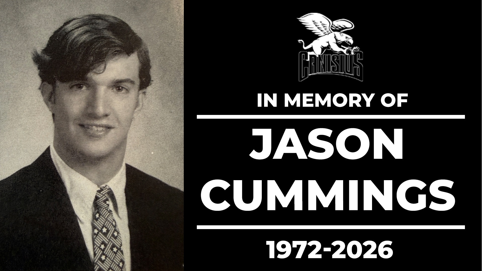 Graphic announcing the passing of Canisius Sports Hall of Famer Jason Cummings 