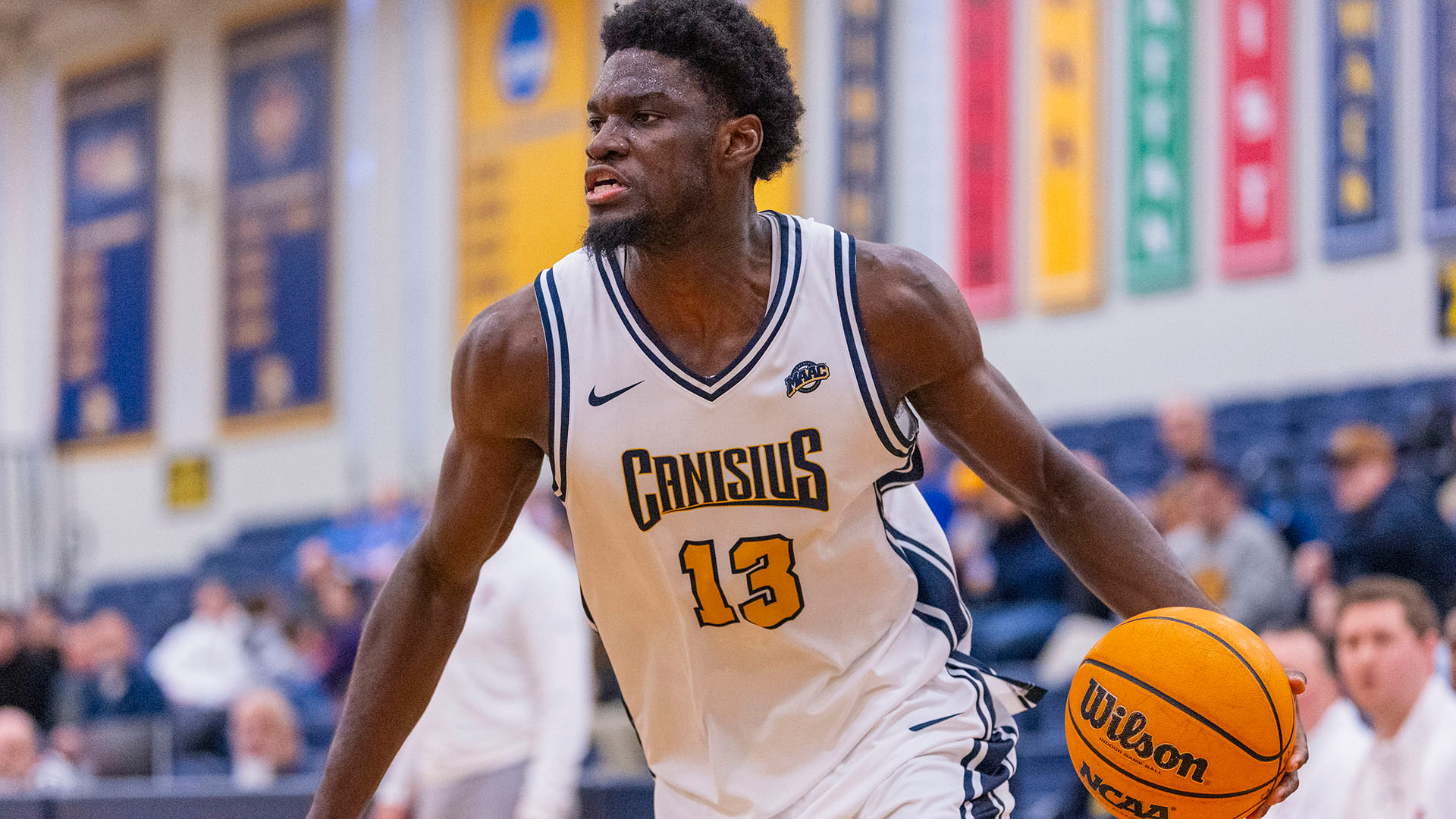 Bryan Ndjonga drives baseline in a home game against Fairfield on Jan. 2, 2026.
