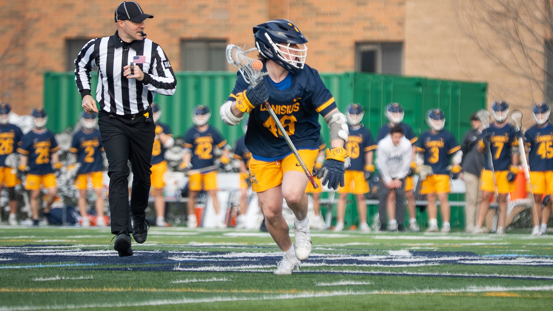 Canisius face-off specialist Micah Hanson runs with the ball during game action versus Mercyhurst at Saxon Stadium in Erie, Pa. on Feb. 17, 2026