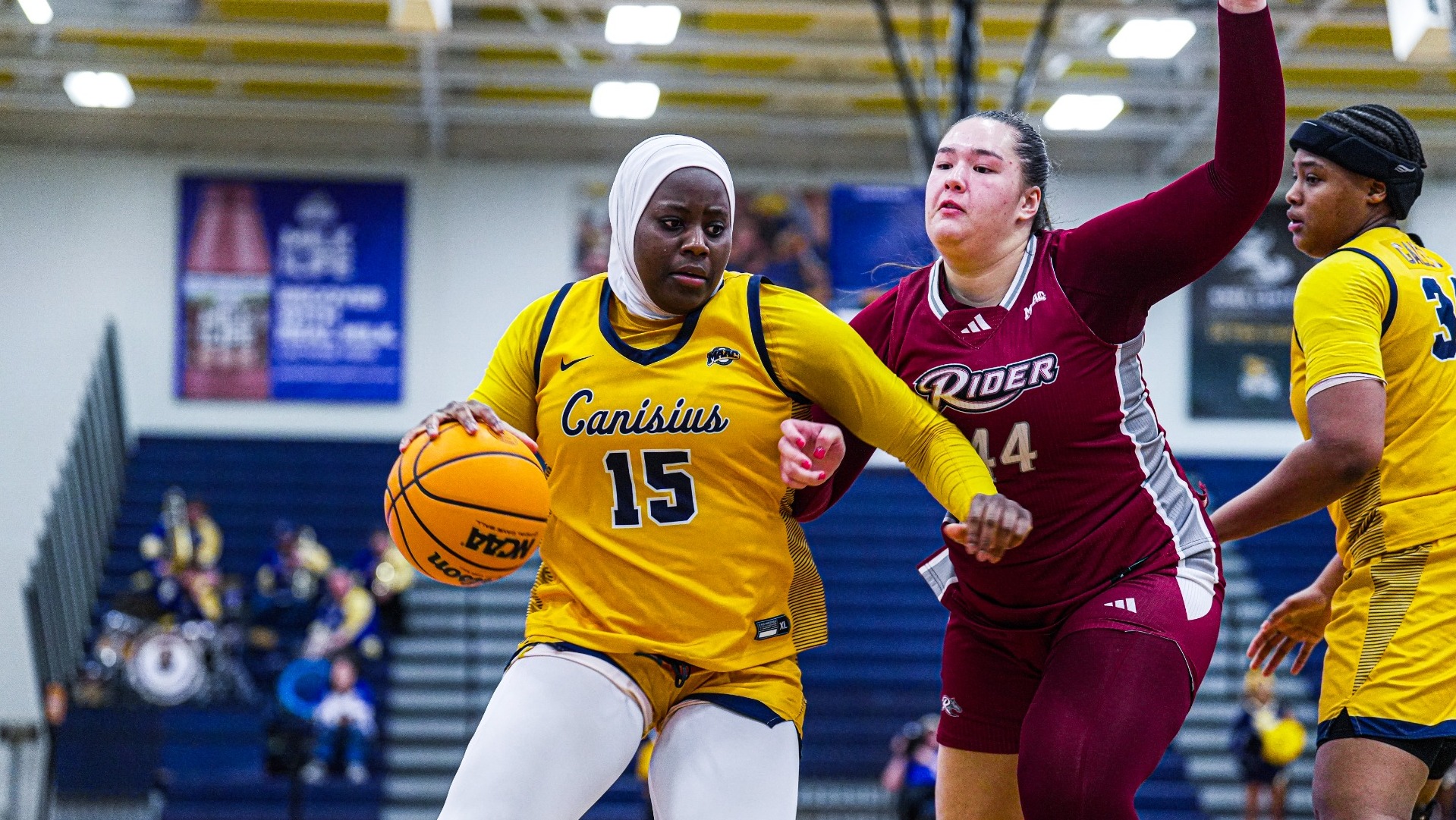 Yasmine Djibril dribbles against Rider at the Koessler Athletic Center in Buffalo, N.Y.