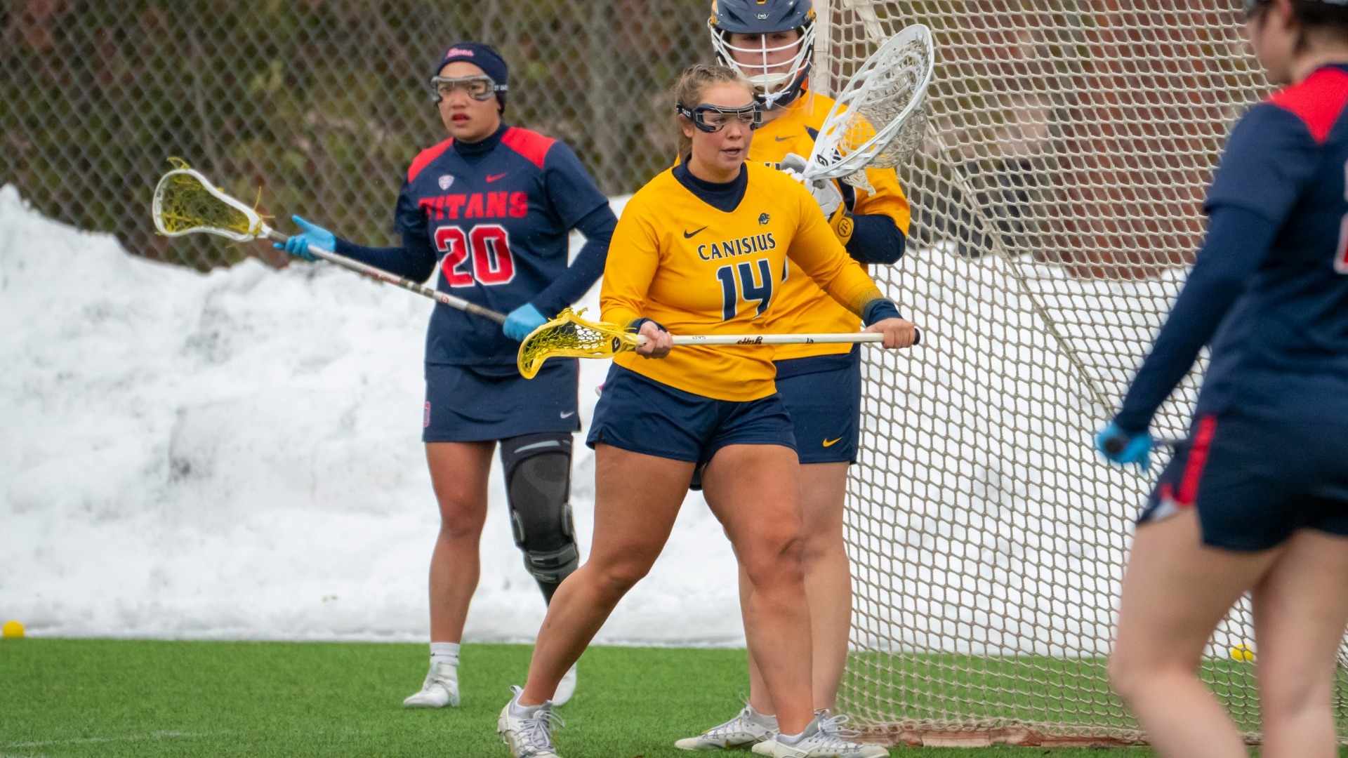 Ava Pezzimenti defends against Detroit Mercy at the Demske Sports Complex.
