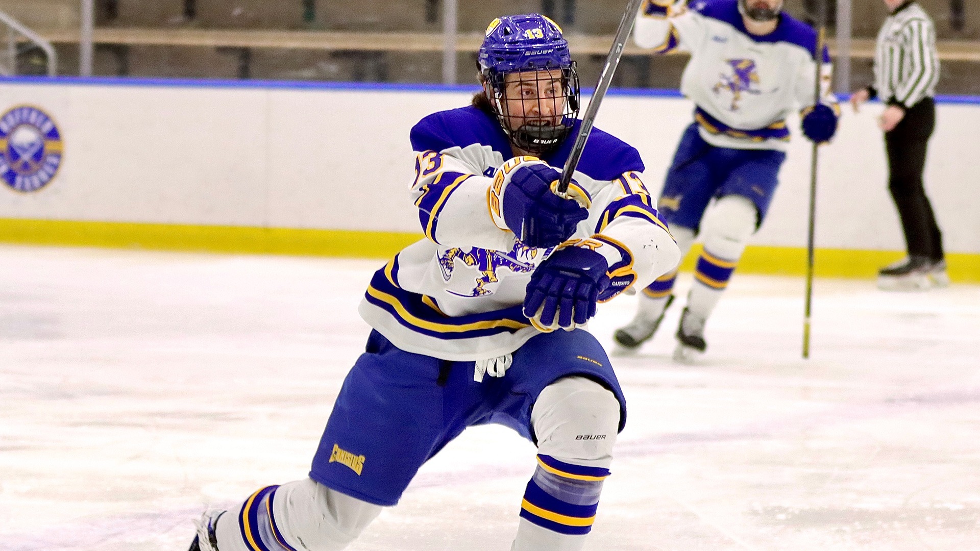 Canisius defenseman Jason Gallucci celebrates after scoring his first collegiate goal in game action versus Robert Morris at LECOM Harborcenter on Feb. 21, 2026