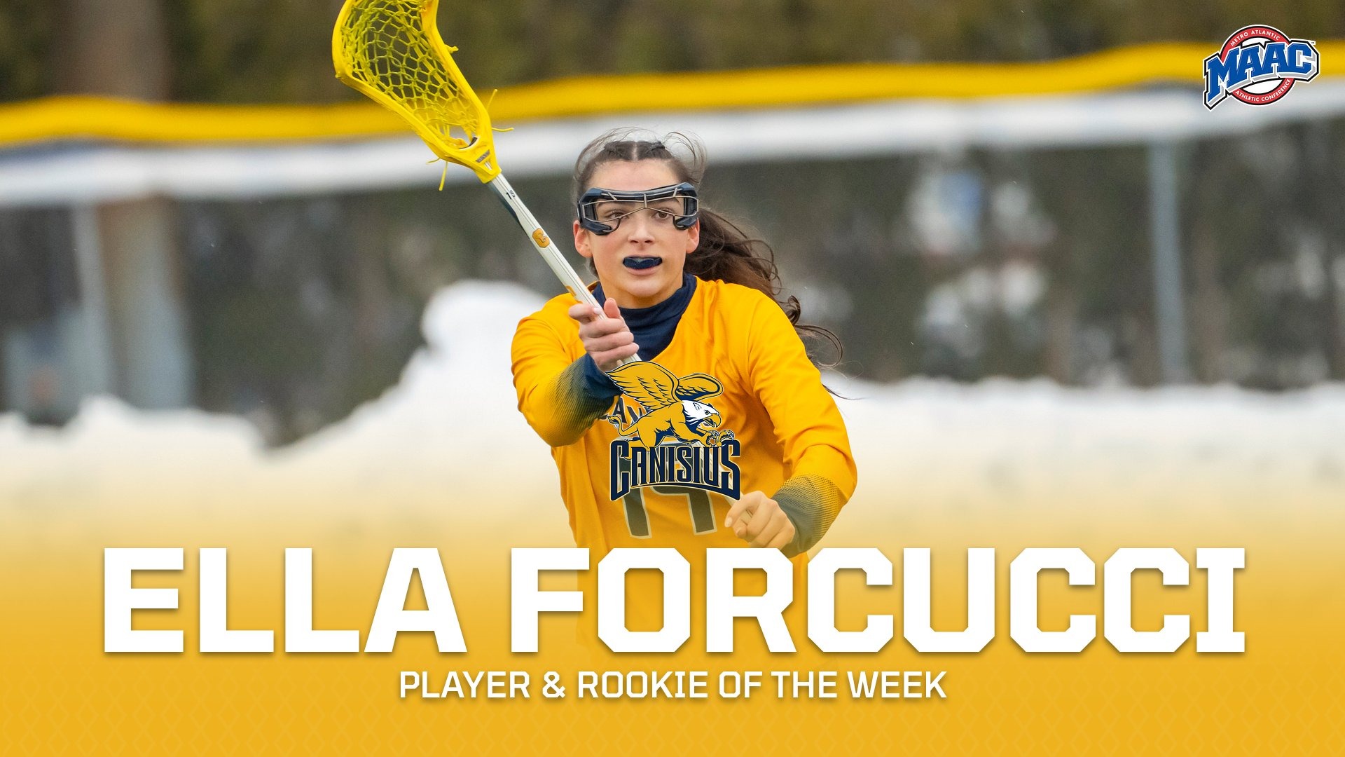 A graphic depicting Ella Forcucci named MAAC Player and Rookie of the Week.