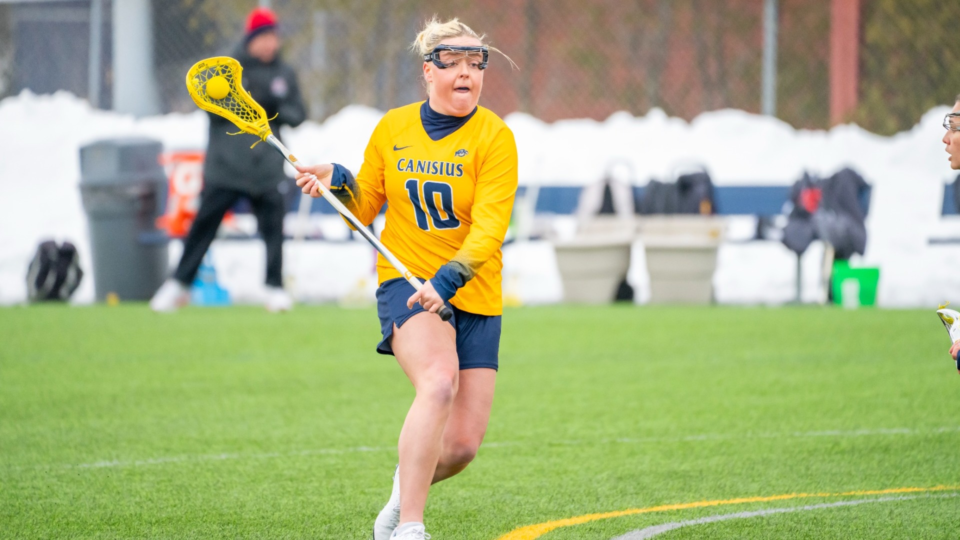 Leah Pfeiffer holds a ball against Detroit Mercy at the Demske Sports Complex.